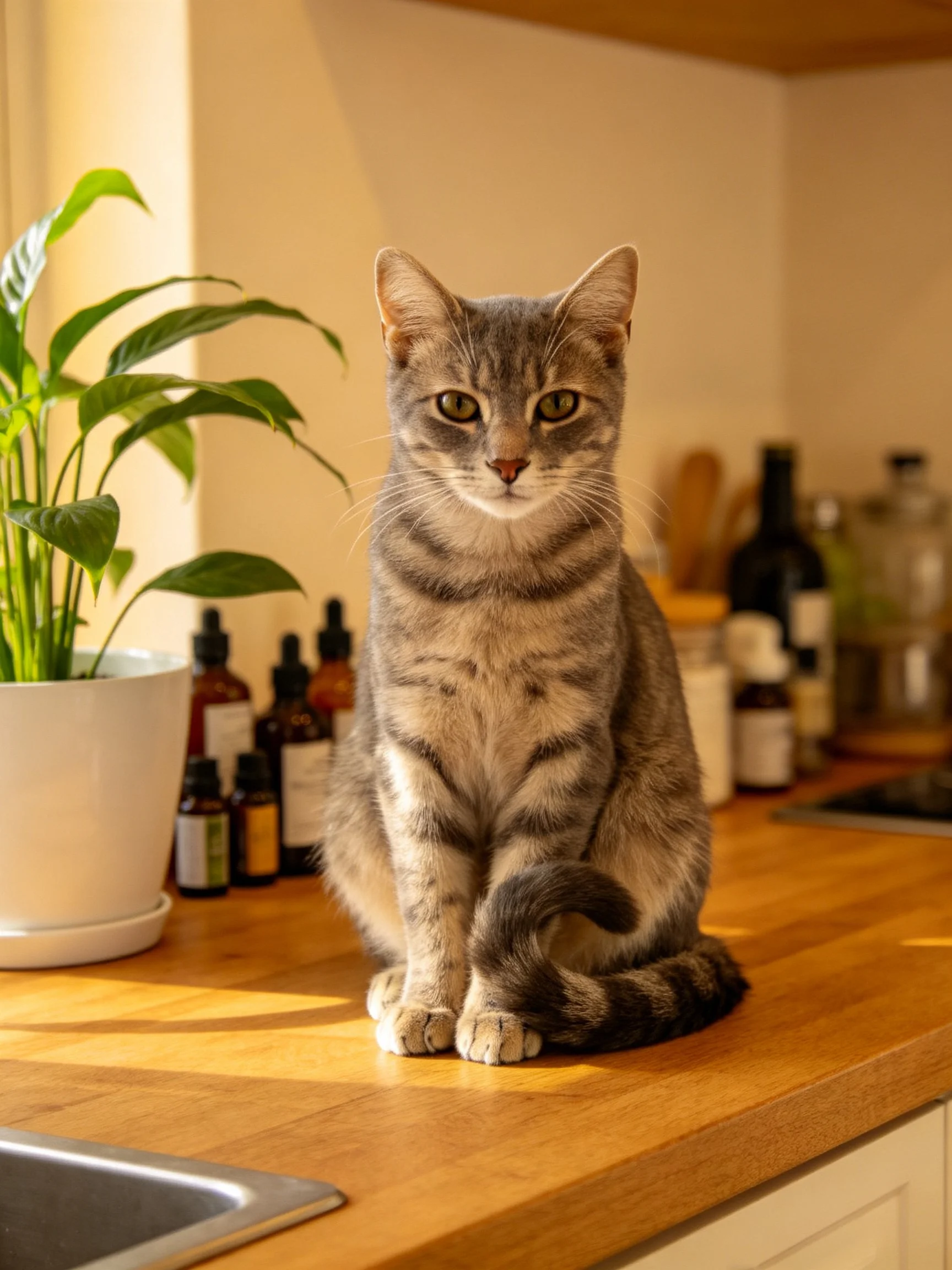 A gray tabby cat sits on a wooden kitchen counter among household items.