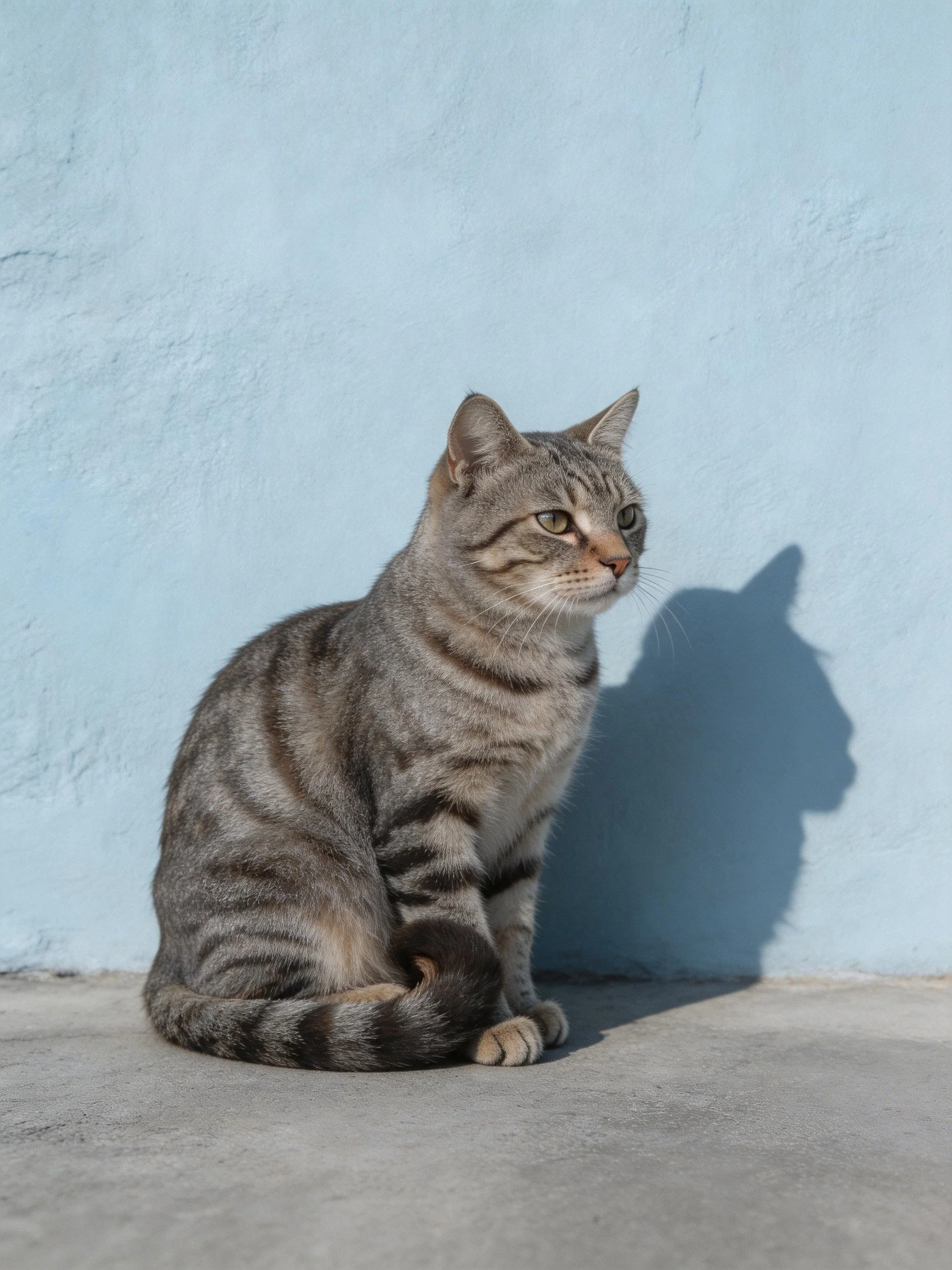 Gray tabby cat sitting by light blue wall with distinct shadow