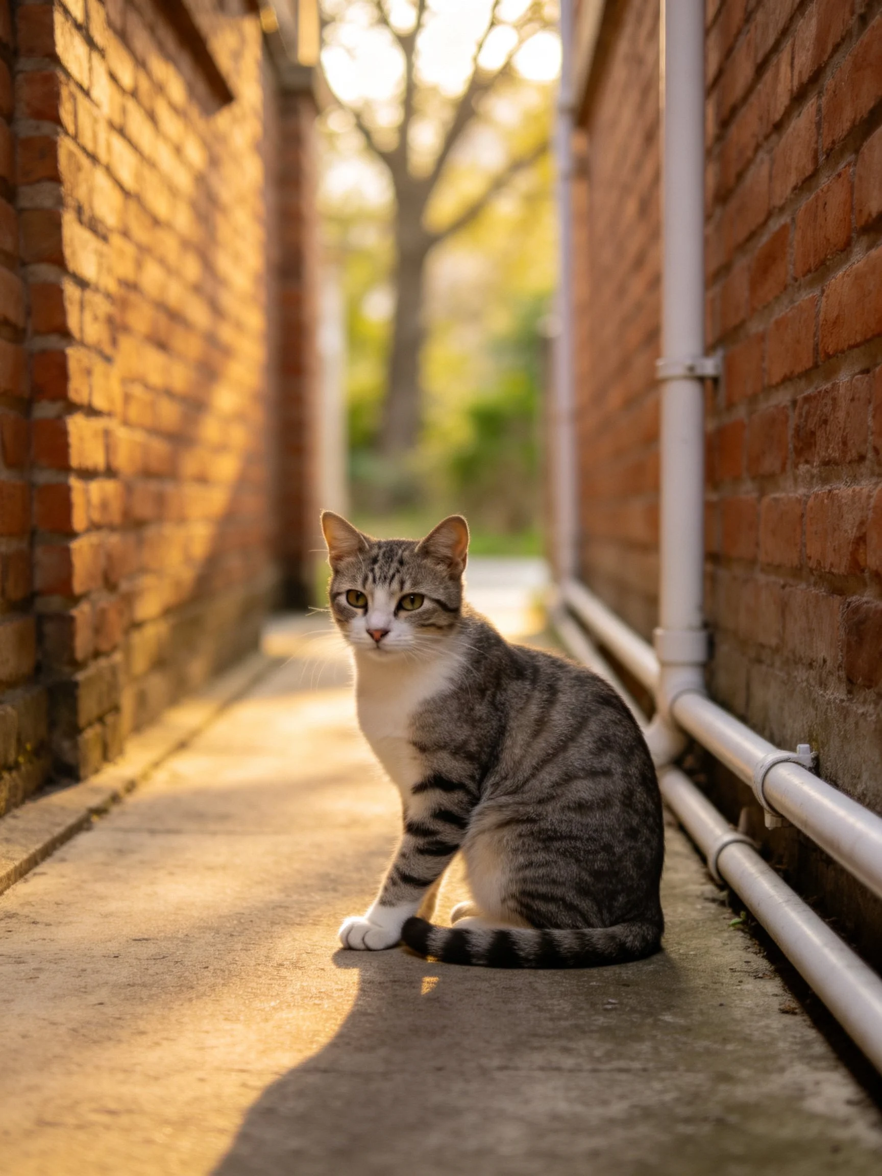 Gray tabby cat sitting in sunlit brick alleyway between walls.