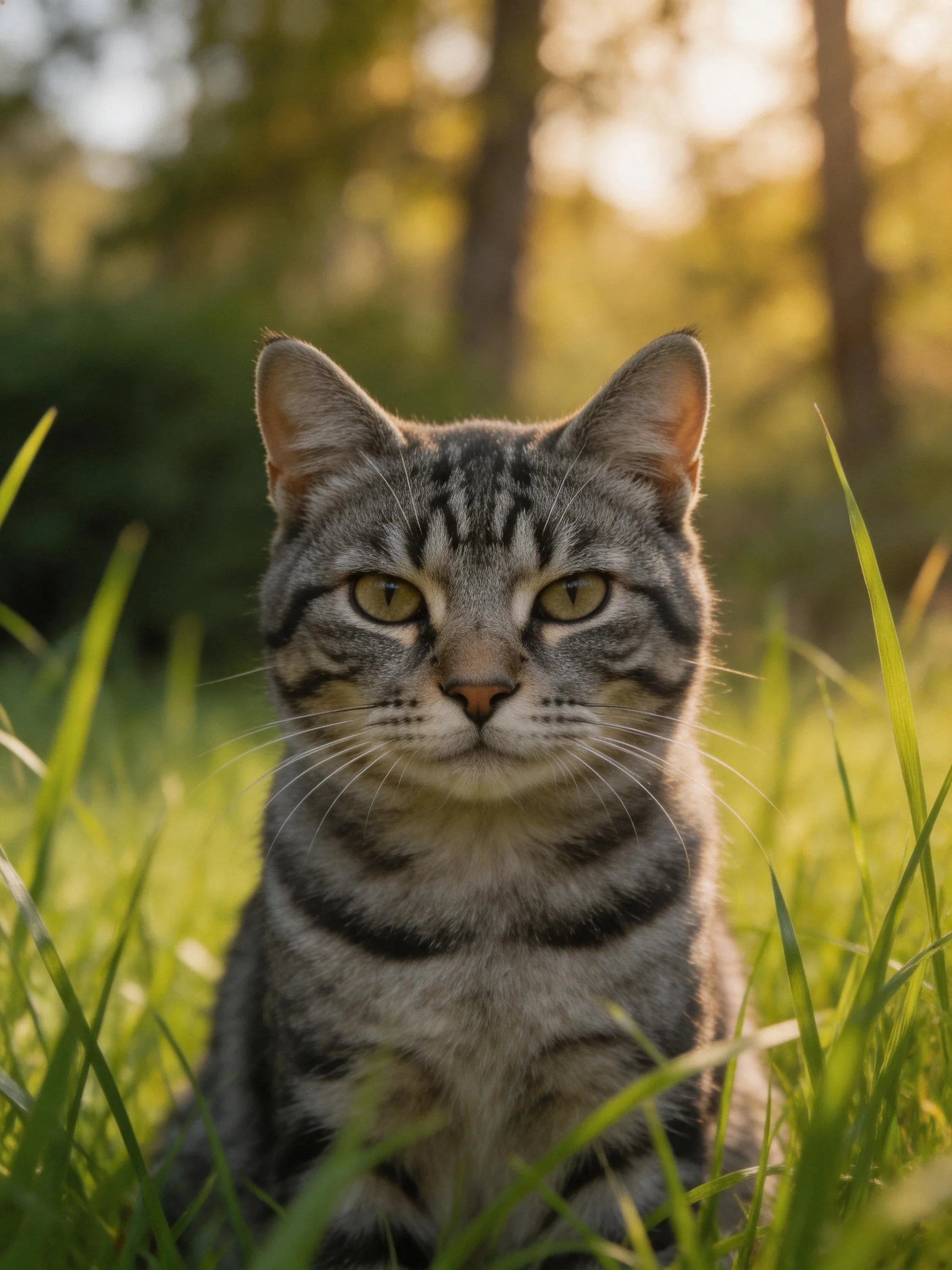 Gray tabby cat sitting in tall green grass with forest backdrop
