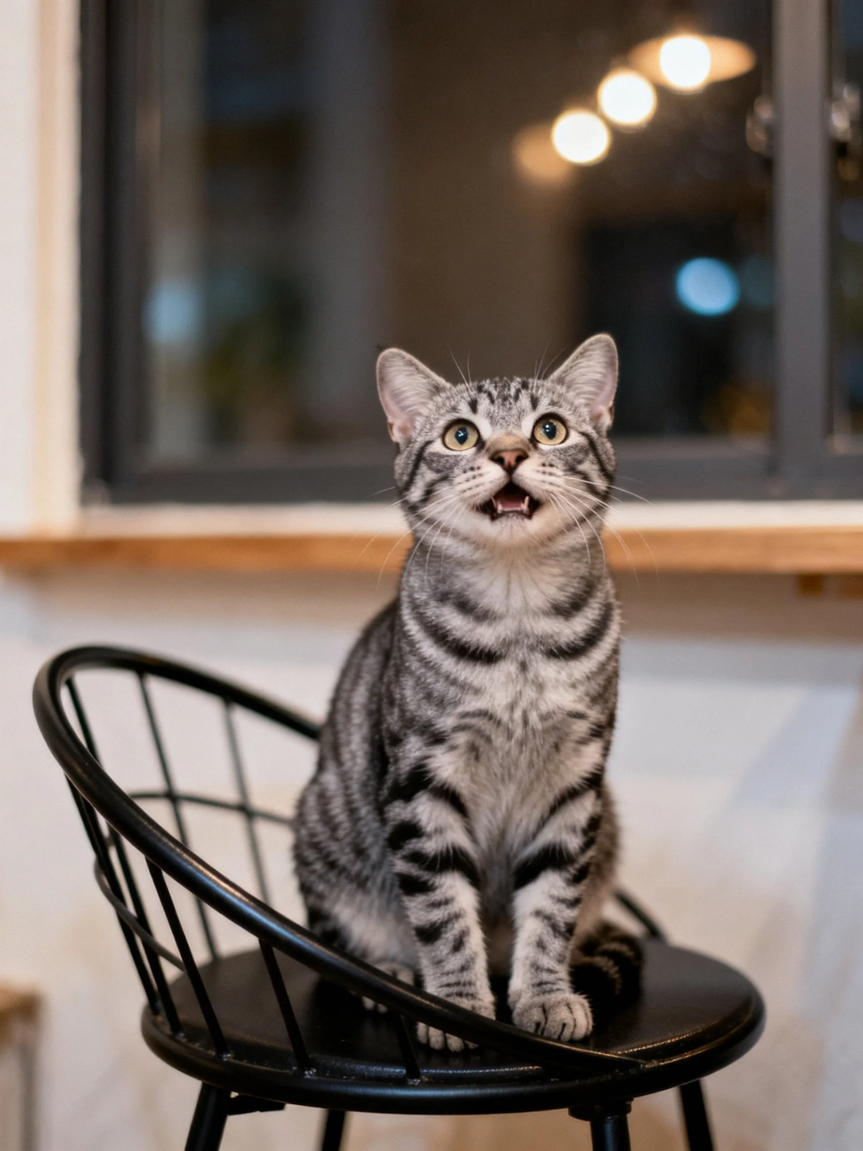 Gray tabby cat sitting on black metal chair near window