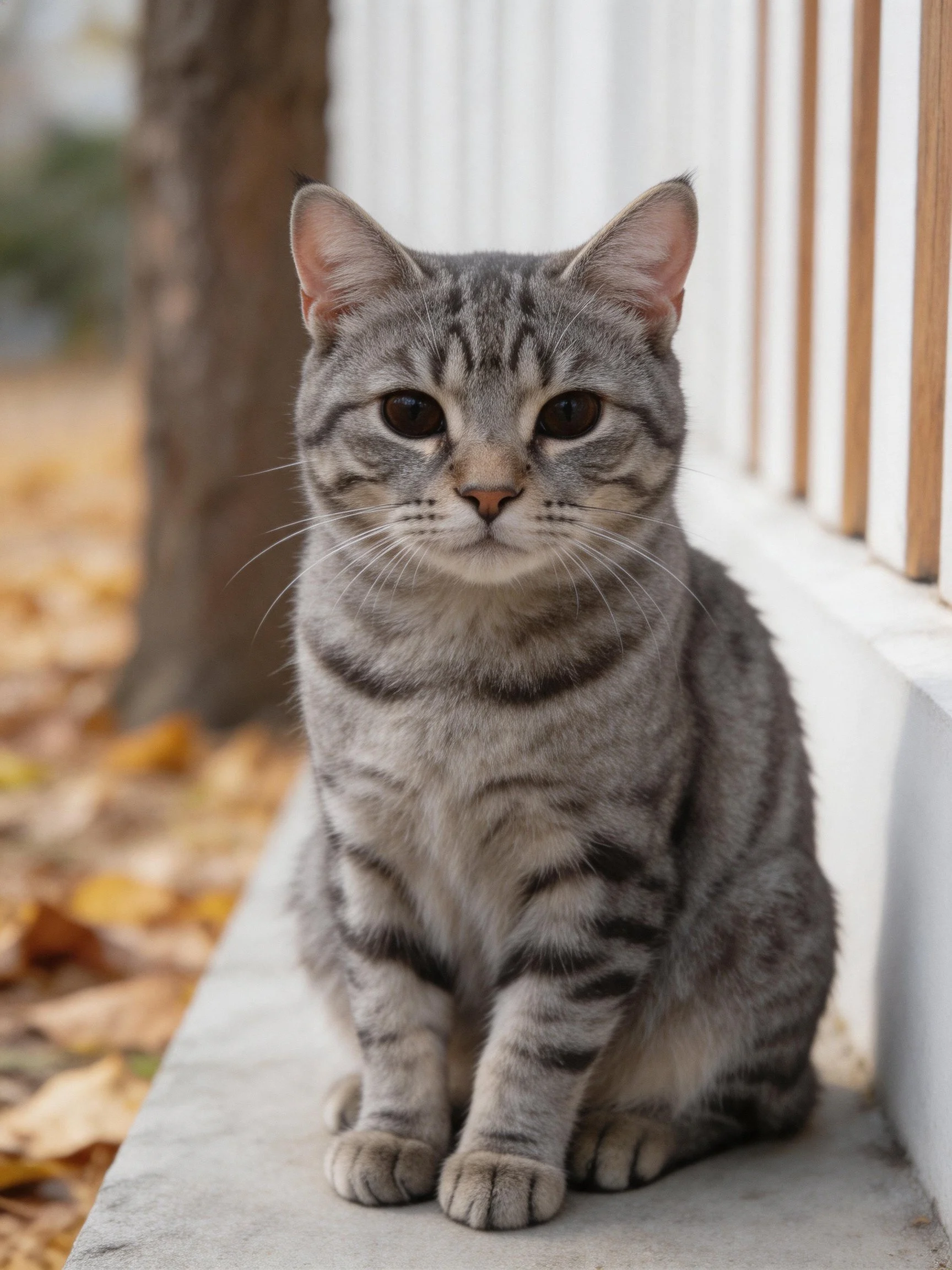 Gray tabby cat sitting on concrete ledge near autumn leaves