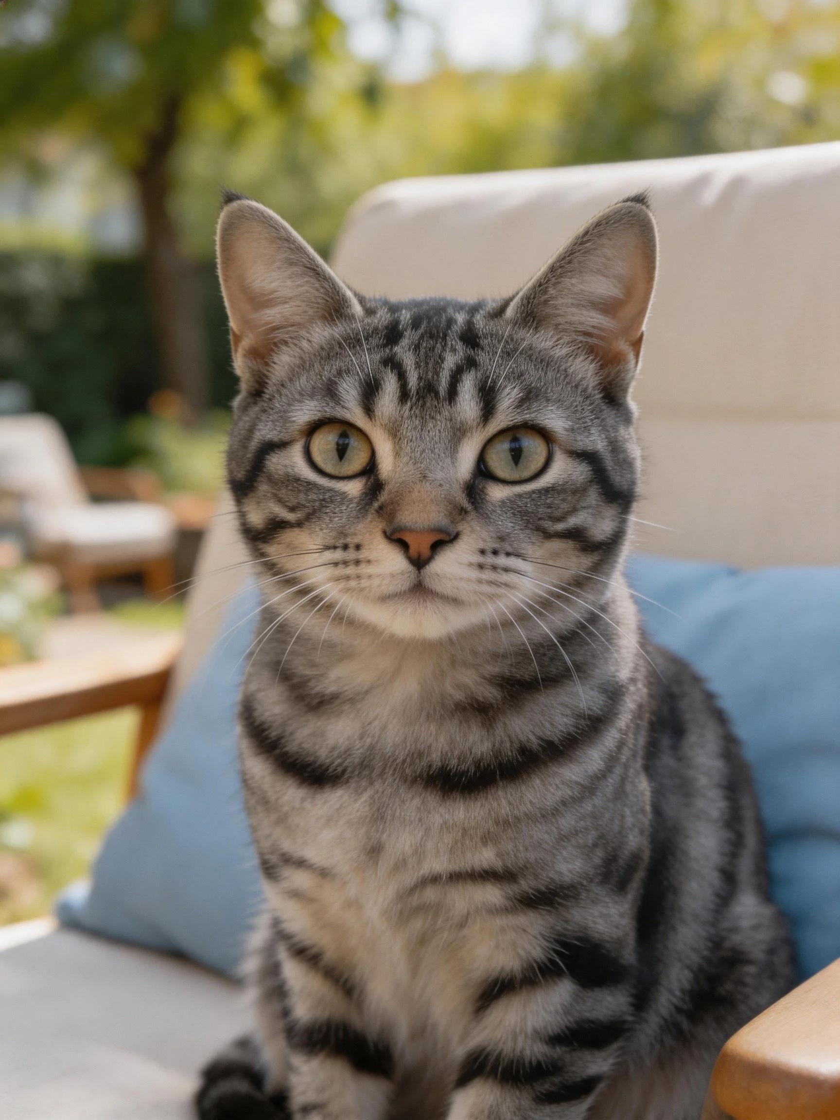 Gray tabby cat sitting on outdoor chair with blue cushion in garden