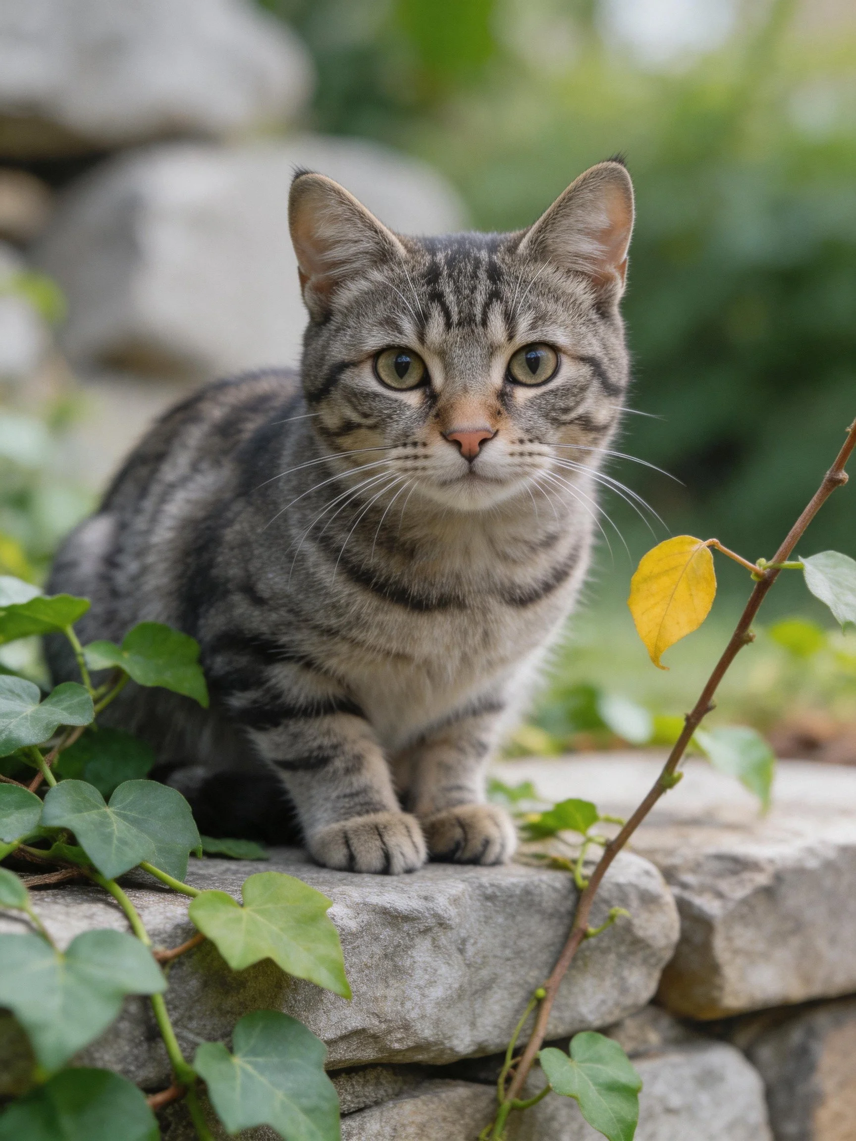 A gray tabby cat sits on a stone ledge surrounded by green plants.