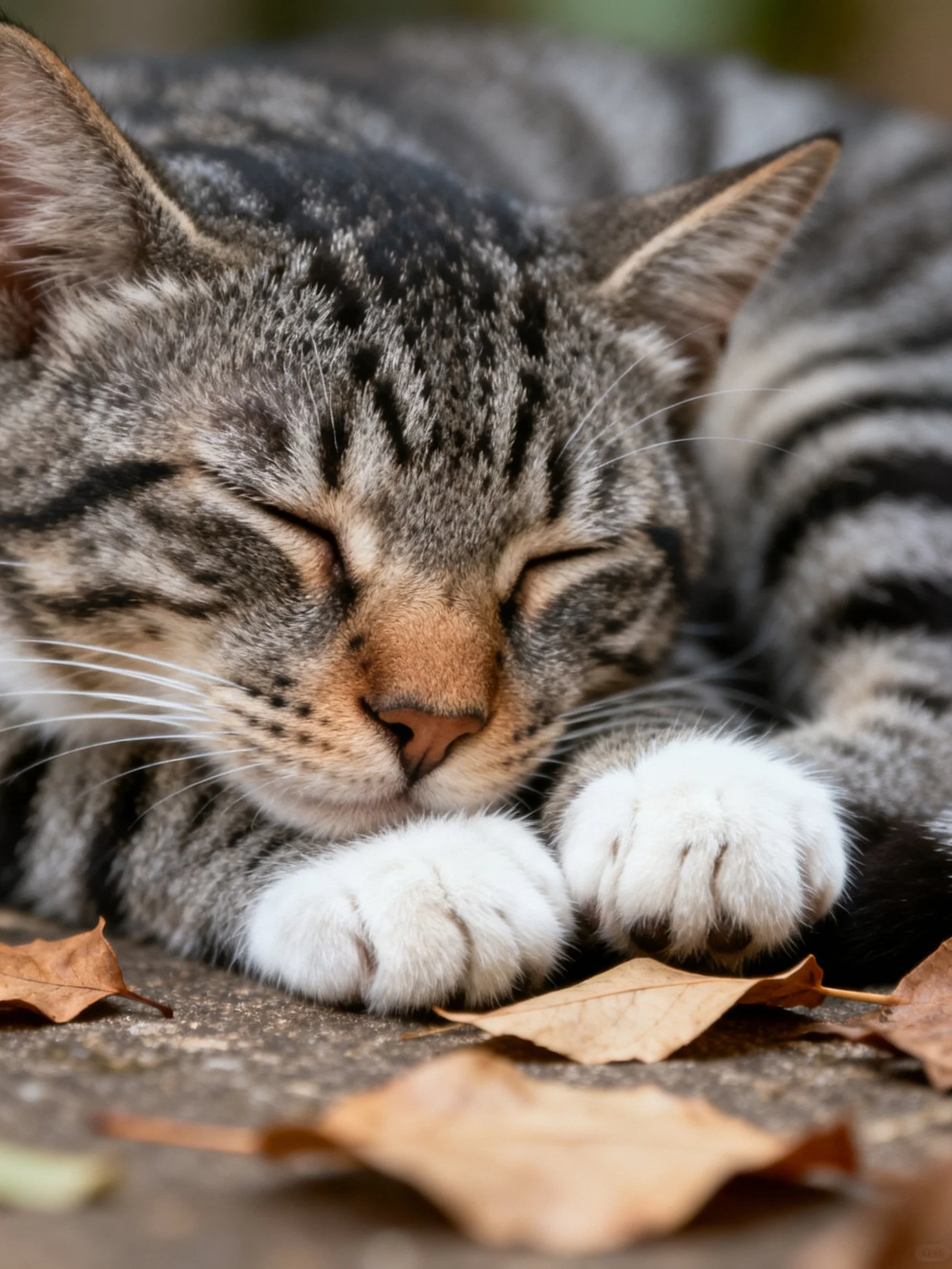 Gray tabby cat sleeping among scattered brown autumn leaves