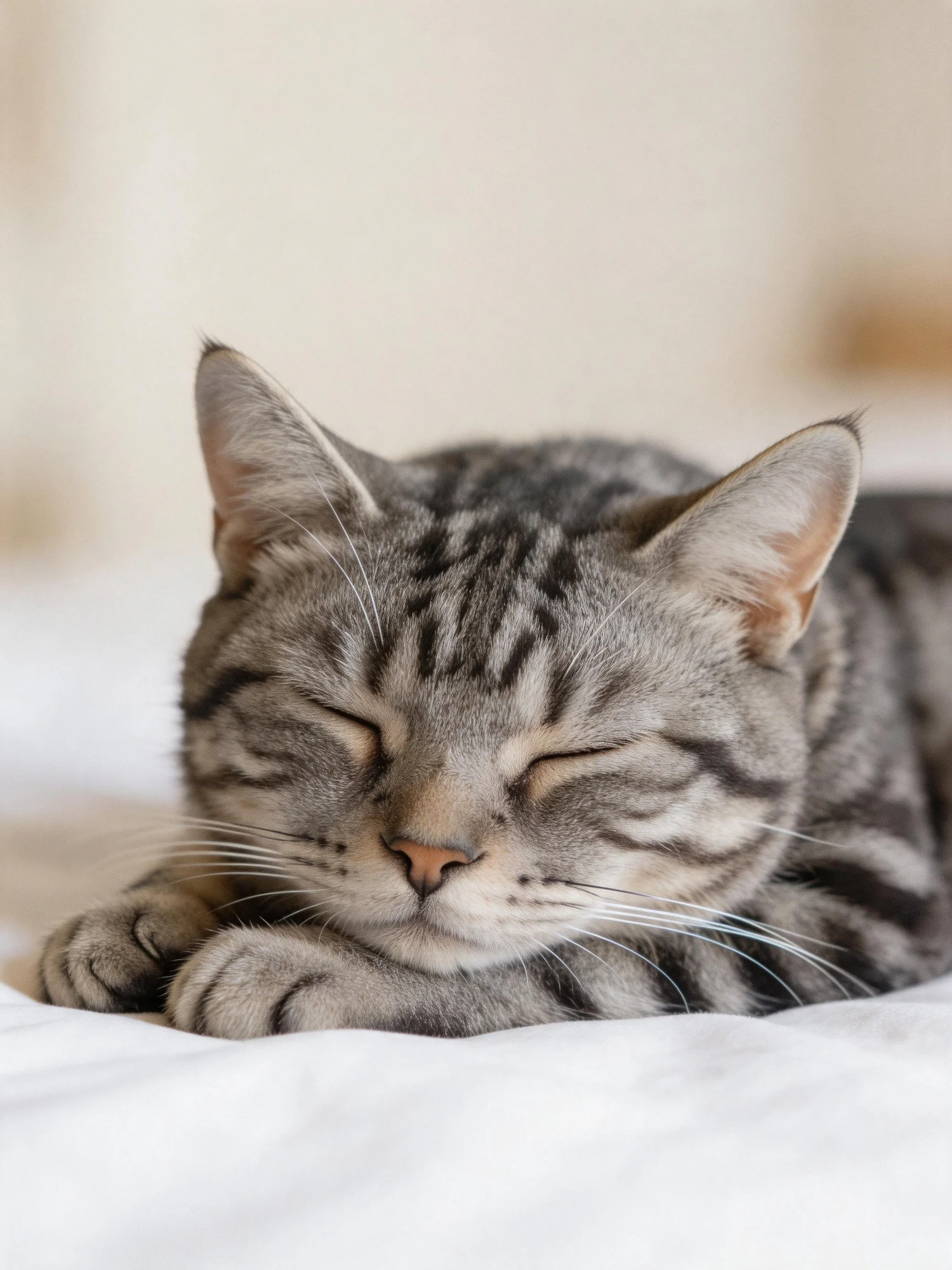 Gray tabby cat sleeping on white fabric