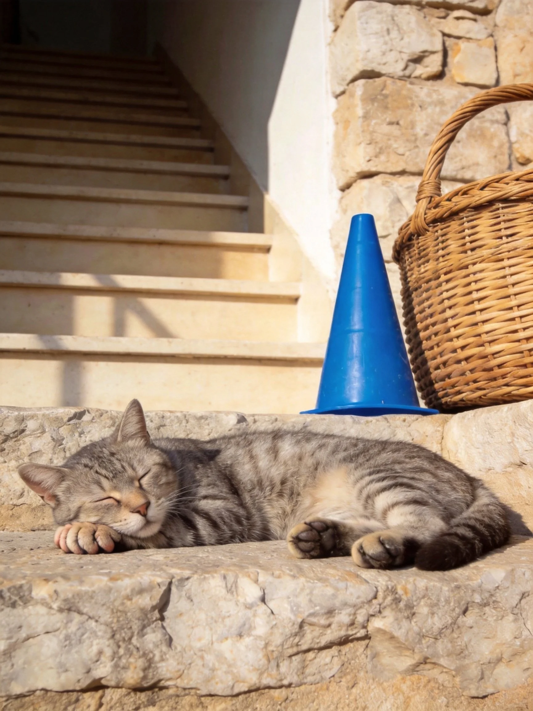 Gray tabby cat sleeps near blue cone and wicker basket by stone stairs