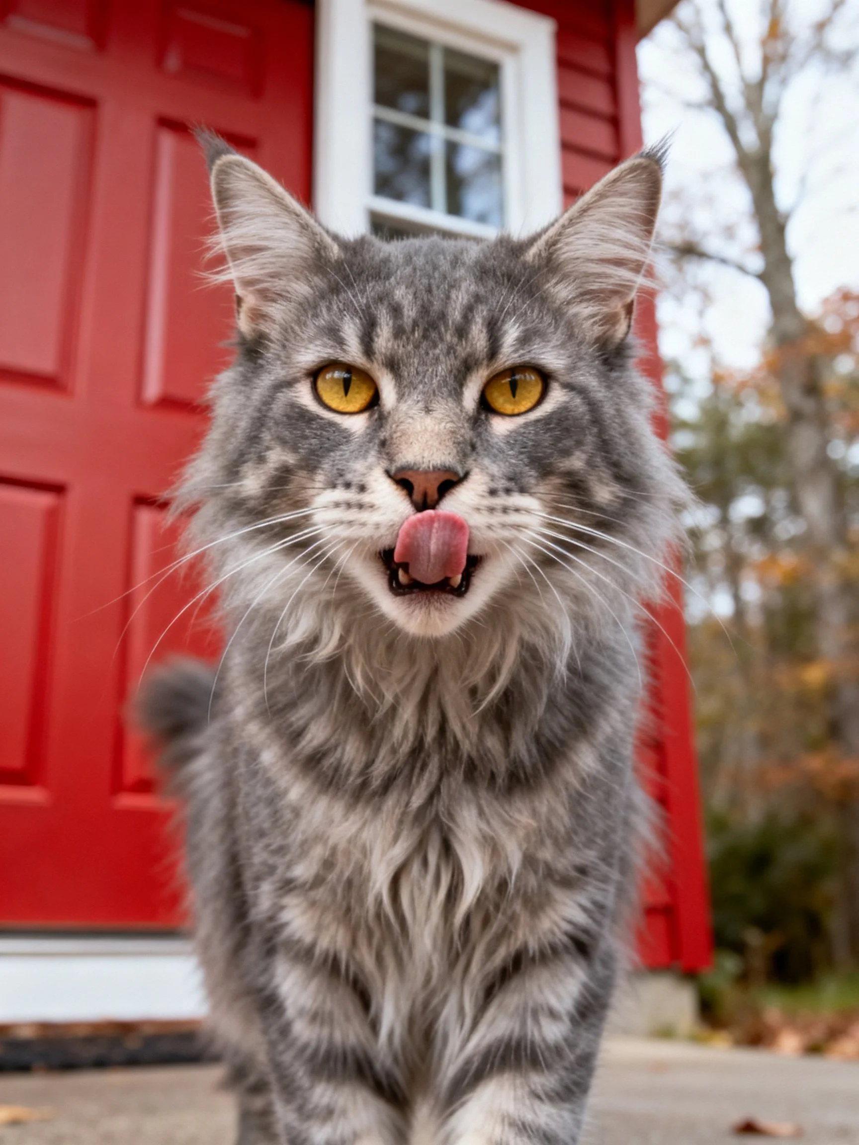 A gray tabby cat is positioned in front of a red wooden building.