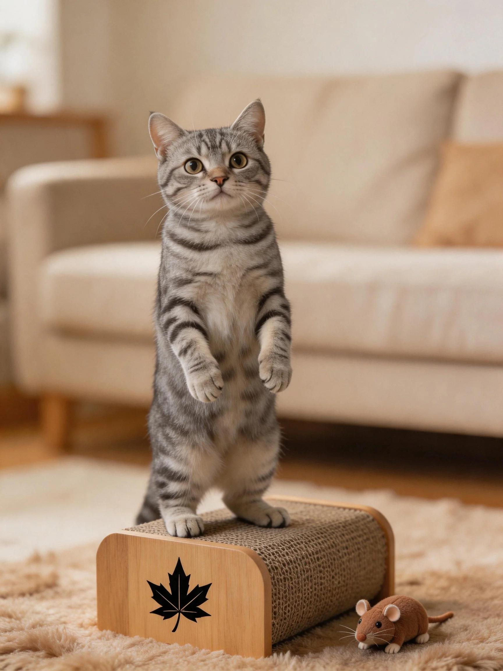 Gray tabby cat stands on scratching post near plush mouse in cozy living room