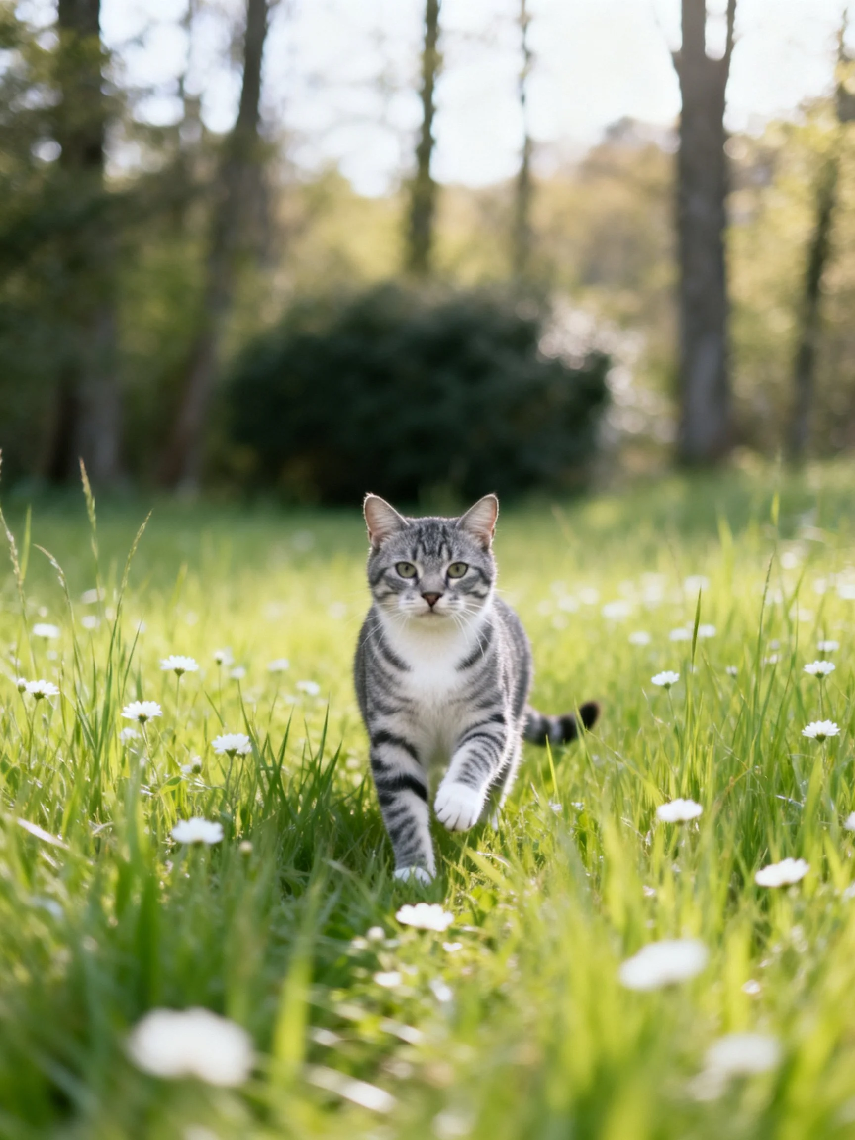 Gray tabby cat walking through flowered meadow near trees