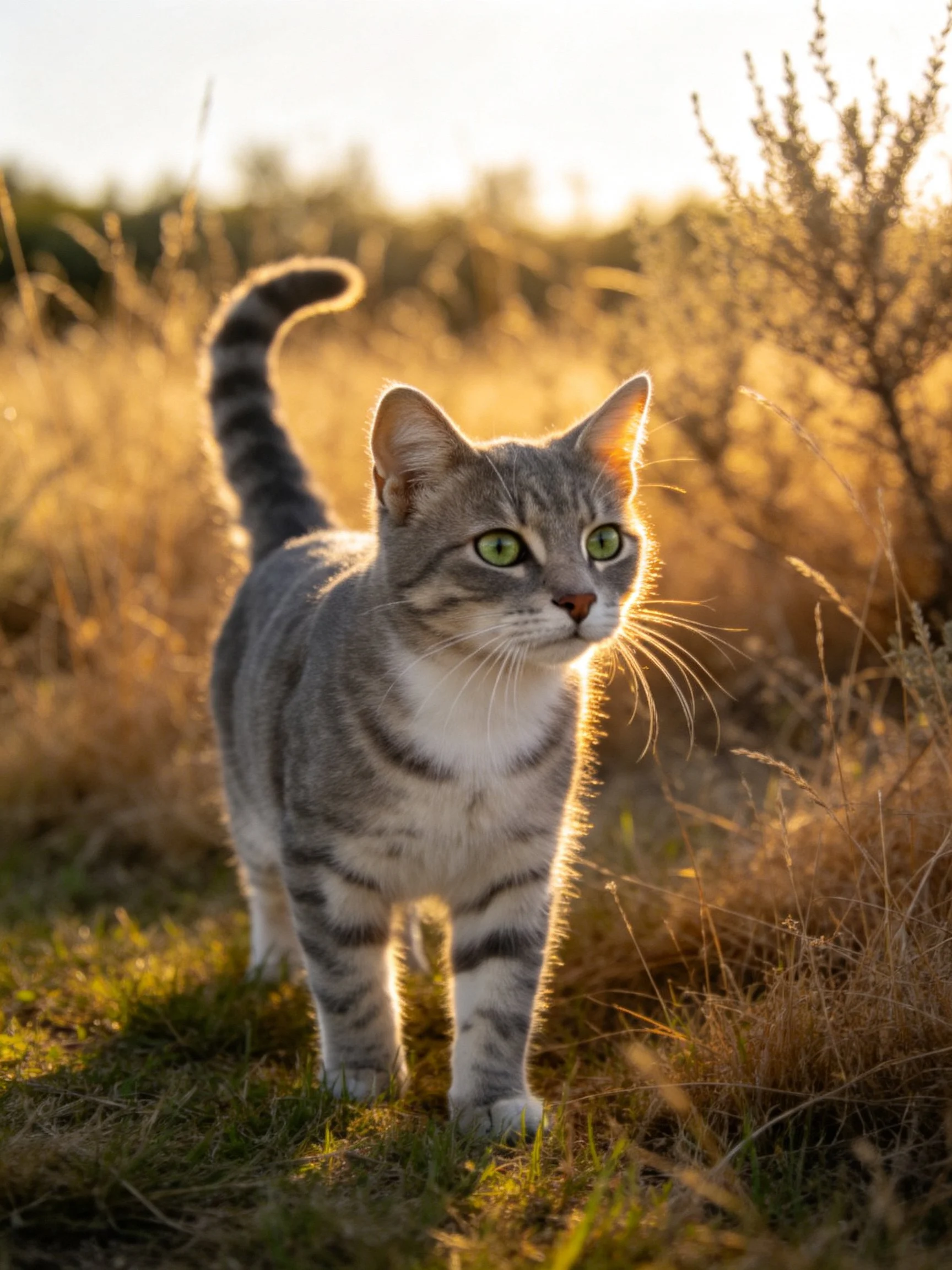 Gray tabby cat walking through golden grass at sunset