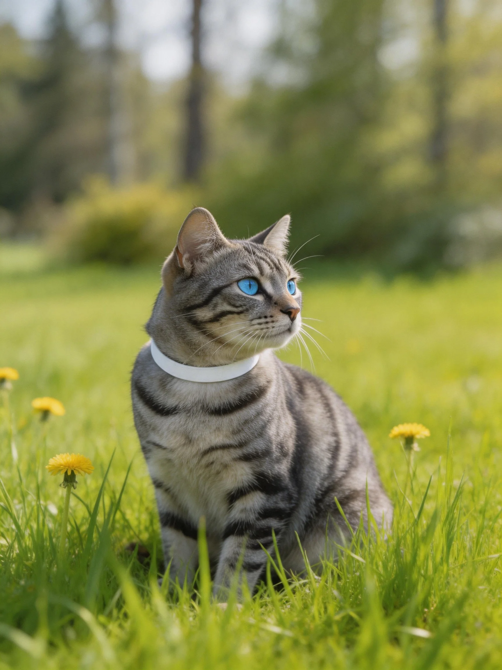 A gray tabby cat with blue eyes relaxes in a grassy field with yellow flowers.