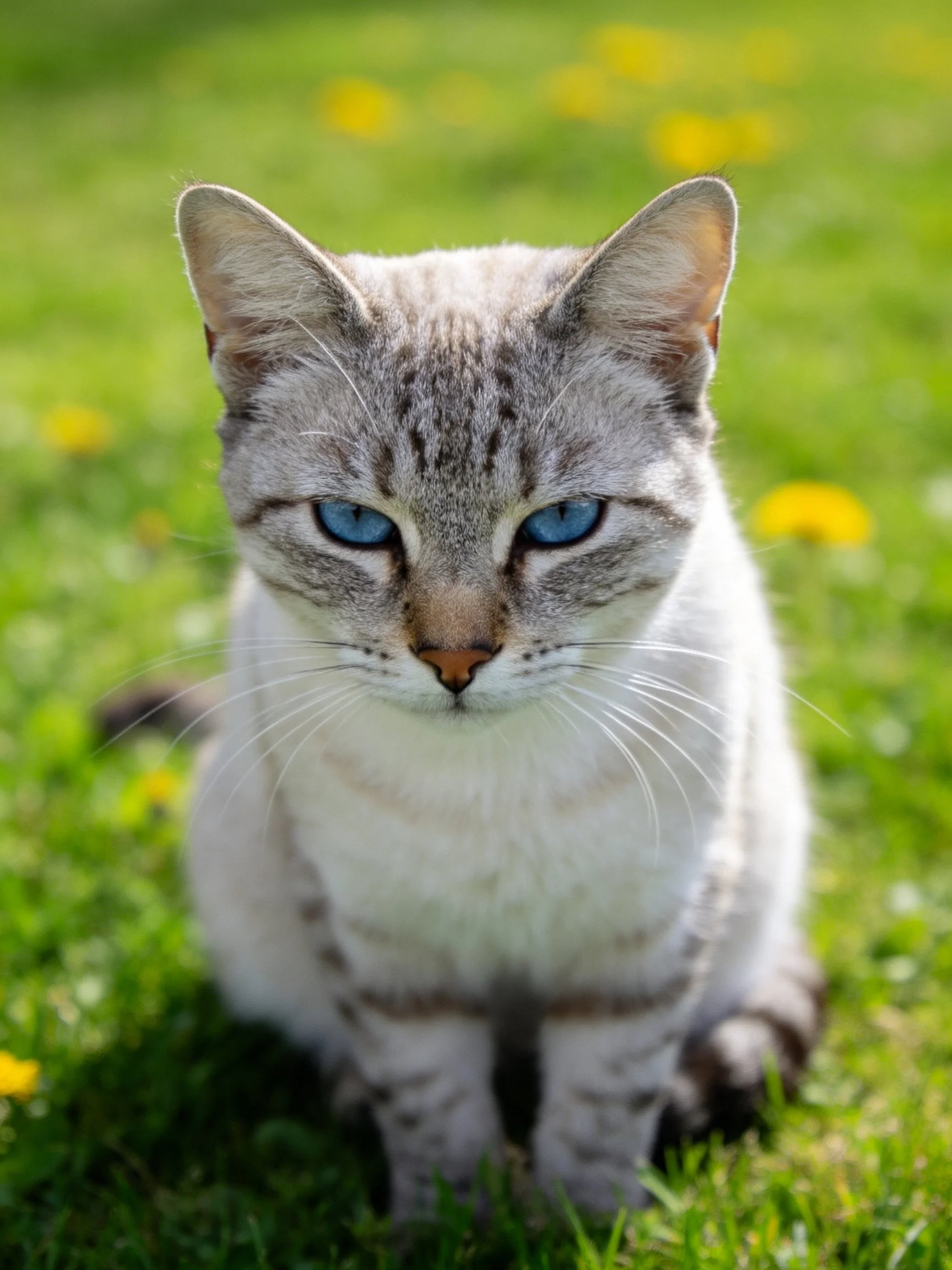 A gray tabby cat with blue eyes rests on green grass dotted with yellow flowers.