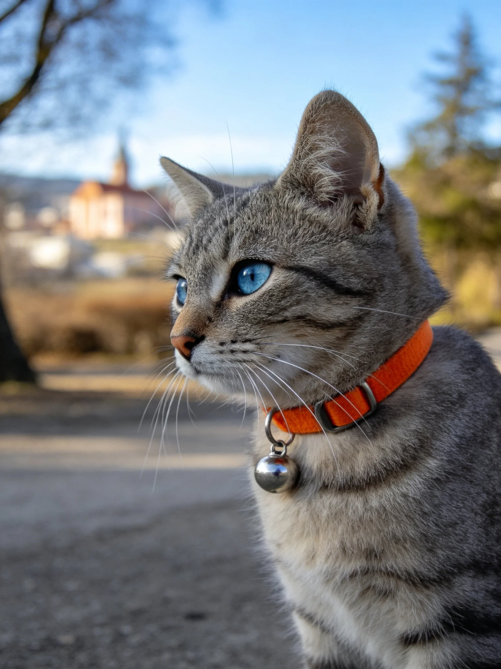 A gray tabby cat with blue eyes, wearing an orange collar, is in a sunny outdoor setting.
