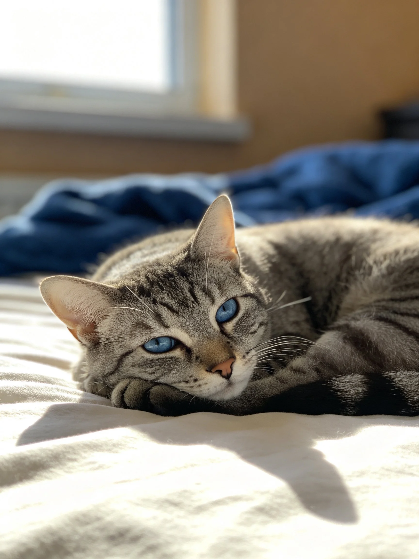 A gray tabby cat with blue eyes rests on a bed near a blue blanket in sunlight.