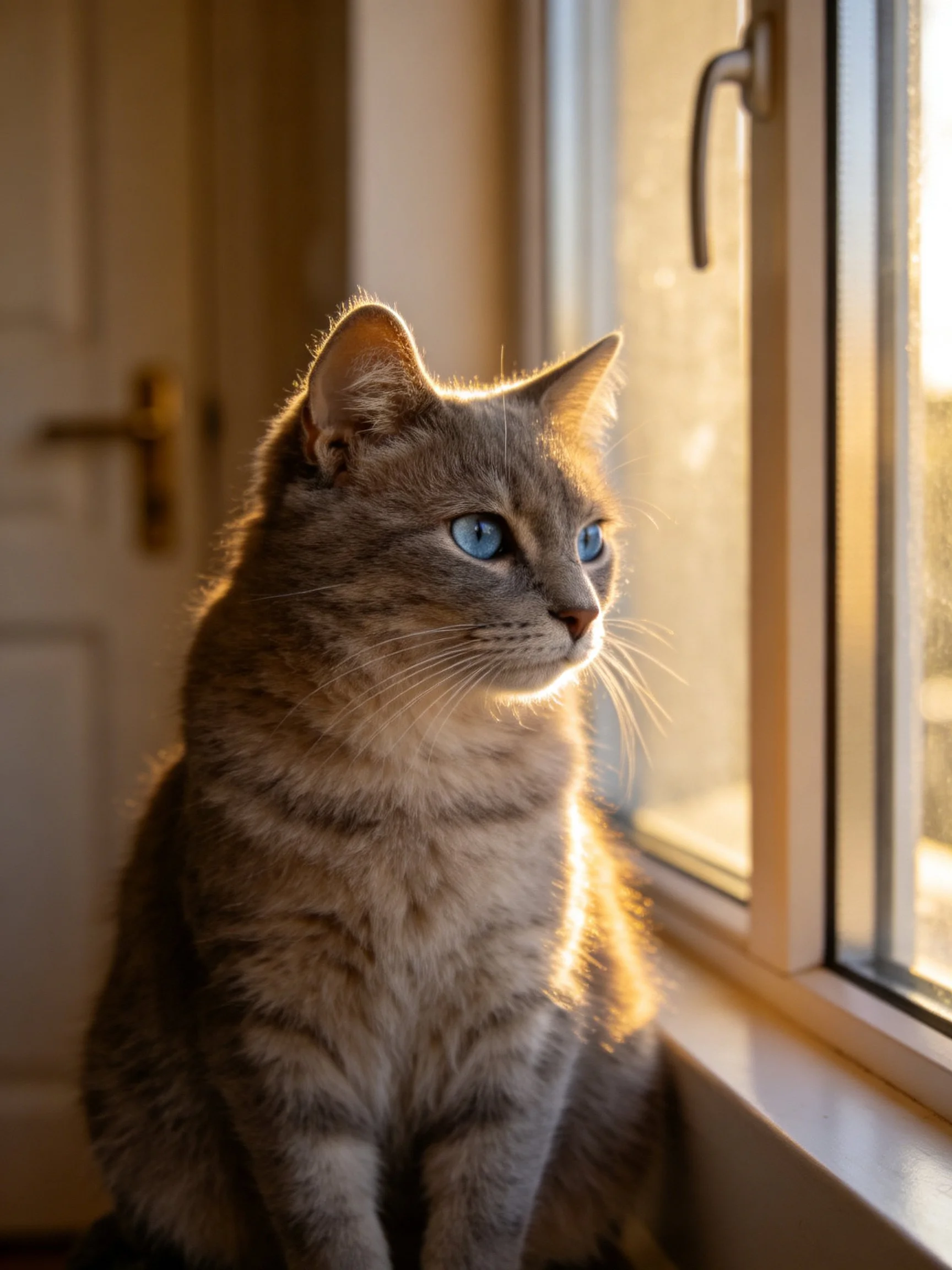 A gray tabby cat with blue eyes rests by a sunlit window.