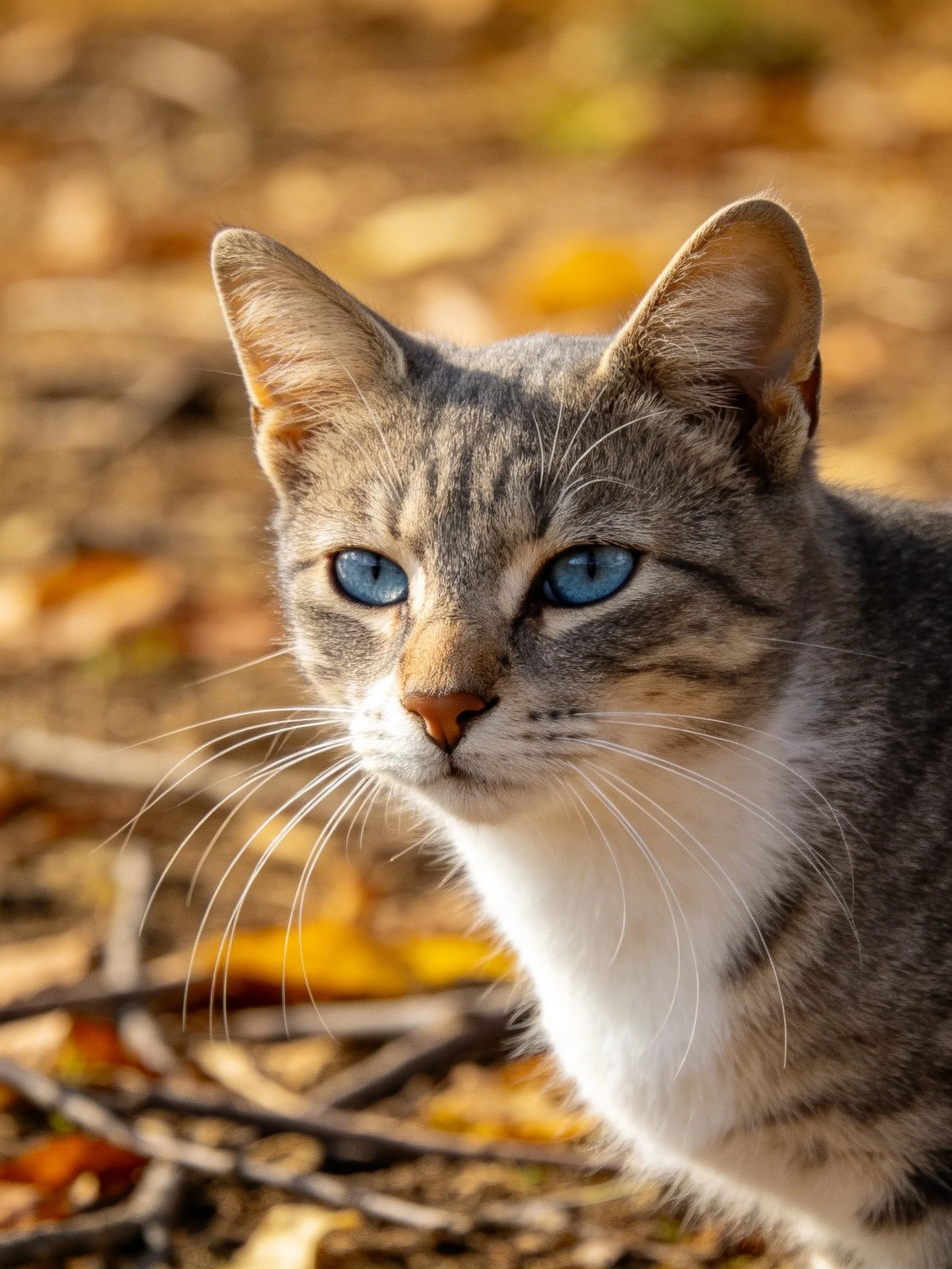 Gray tabby cat with bright blue eyes amid autumn leaves