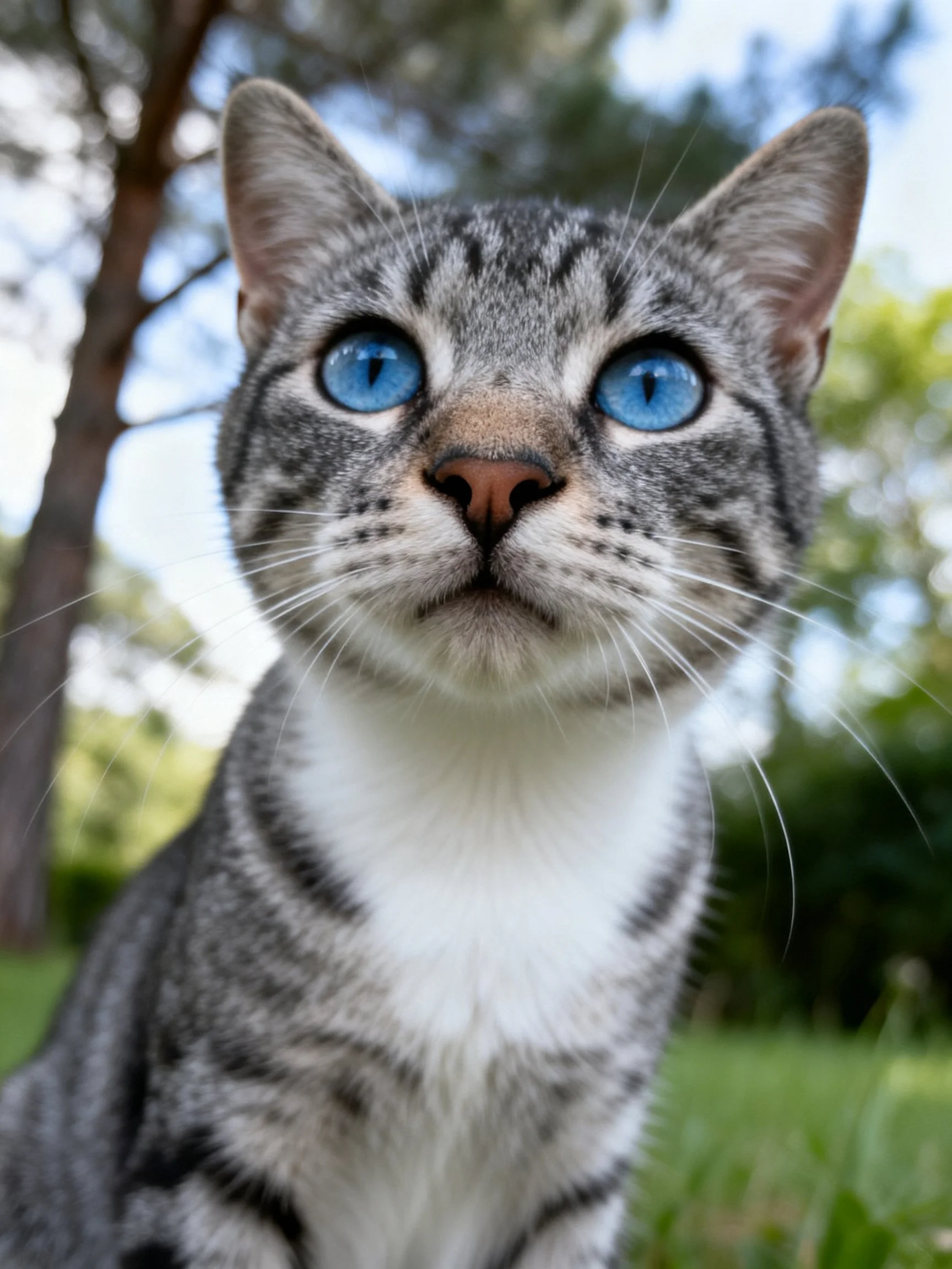 Gray tabby cat with bright blue eyes in an outdoor setting