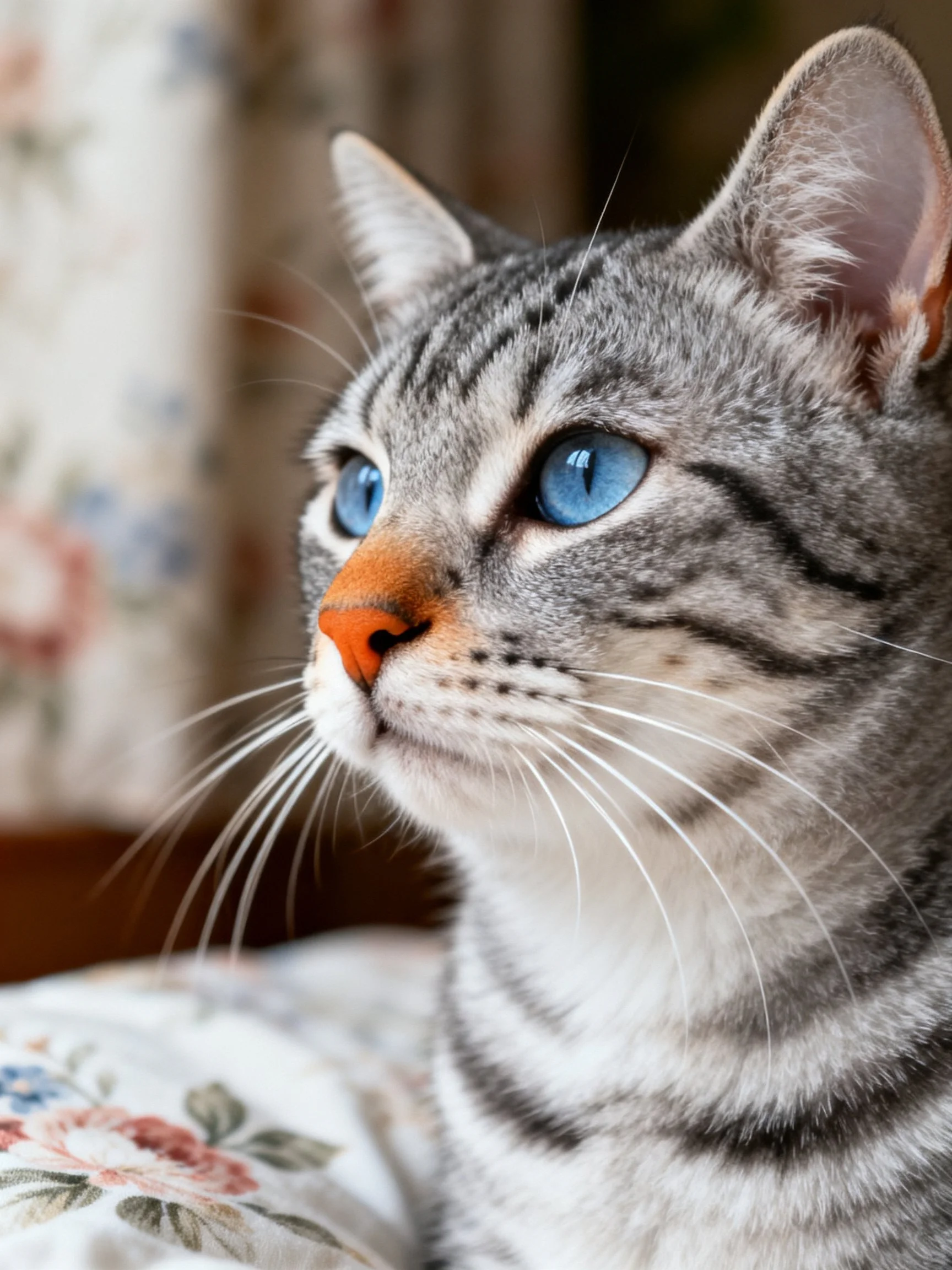 Gray tabby cat with bright blue eyes near floral fabric