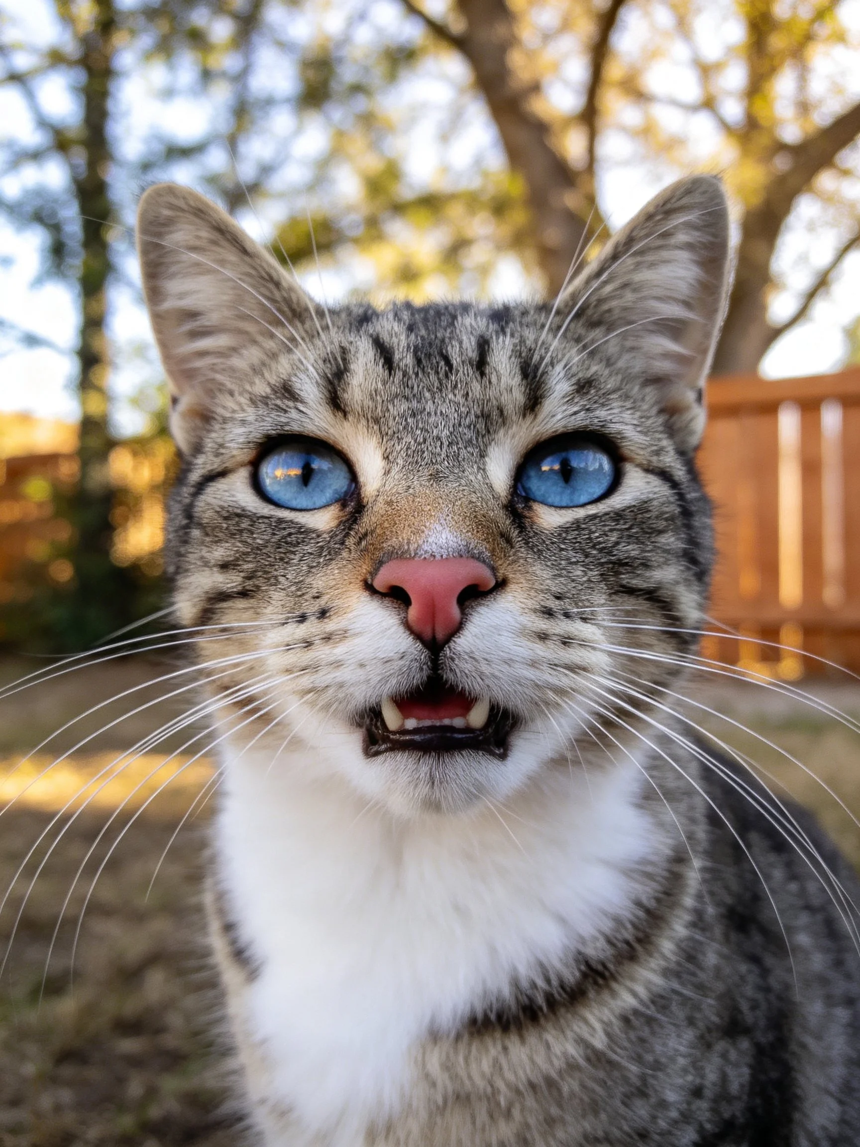 Gray tabby cat with bright blue eyes outdoors