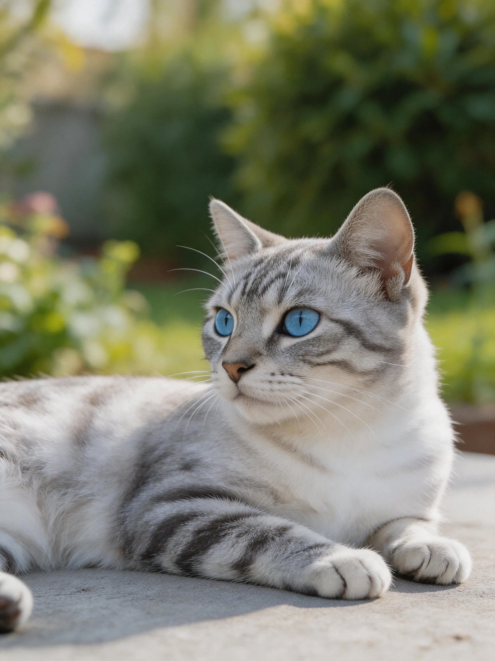 Gray tabby cat with bright blue eyes resting outside