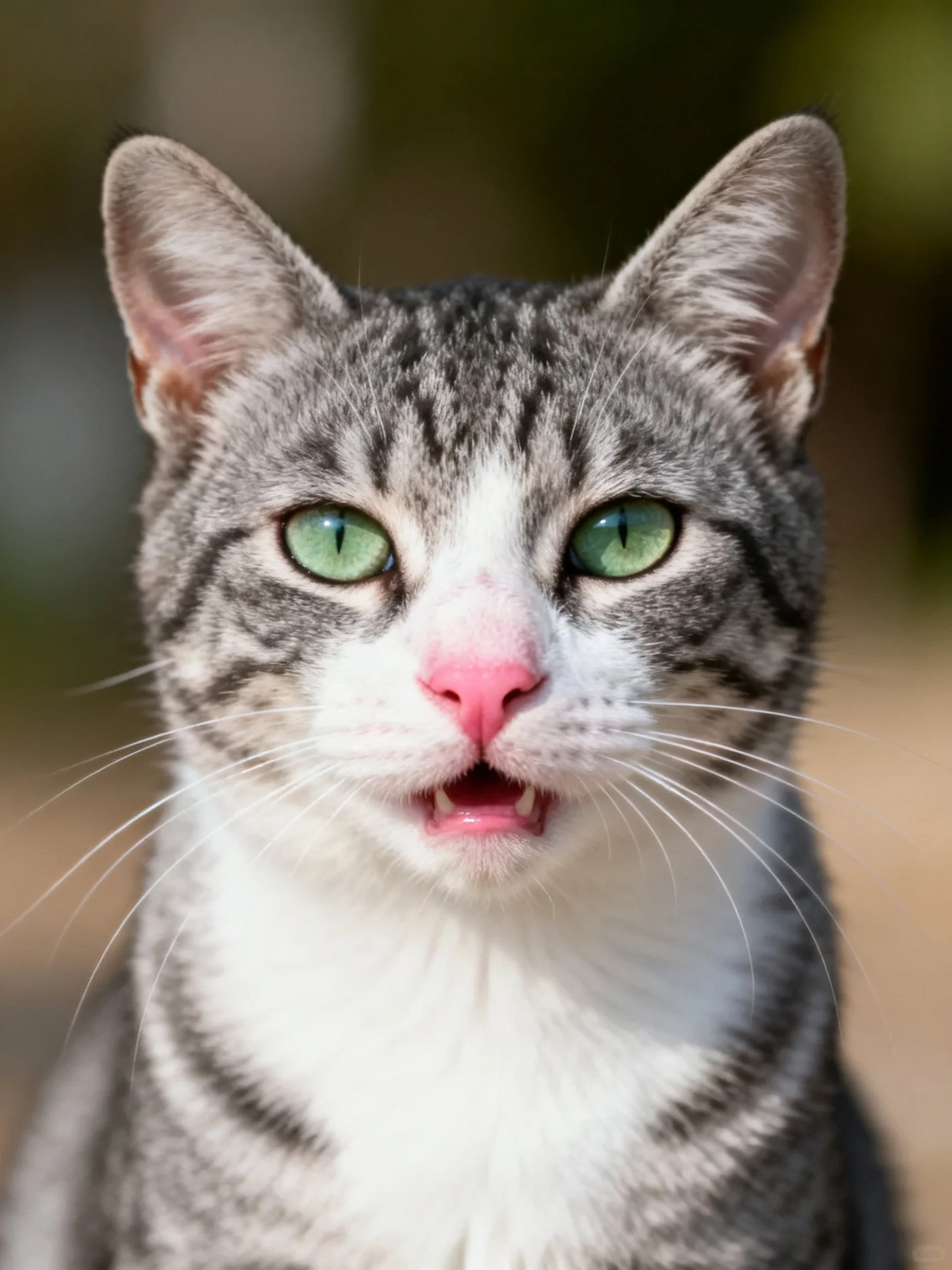 A gray tabby cat with green eyes appears alert in an outdoor setting.