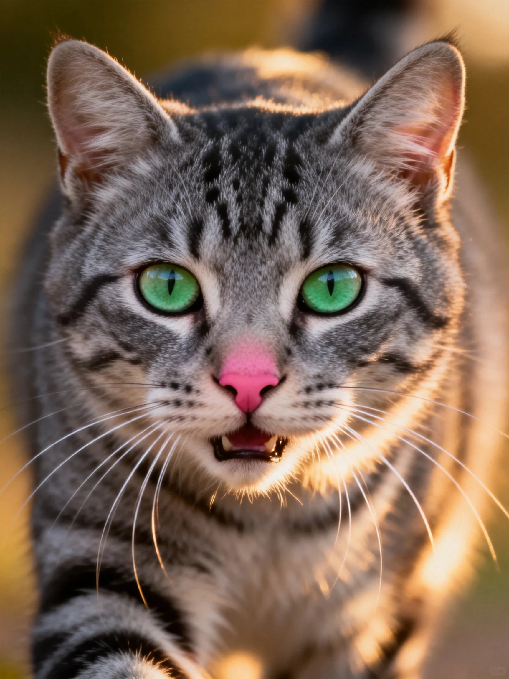 A close - up of a gray tabby cat with bright green eyes under soft lighting.