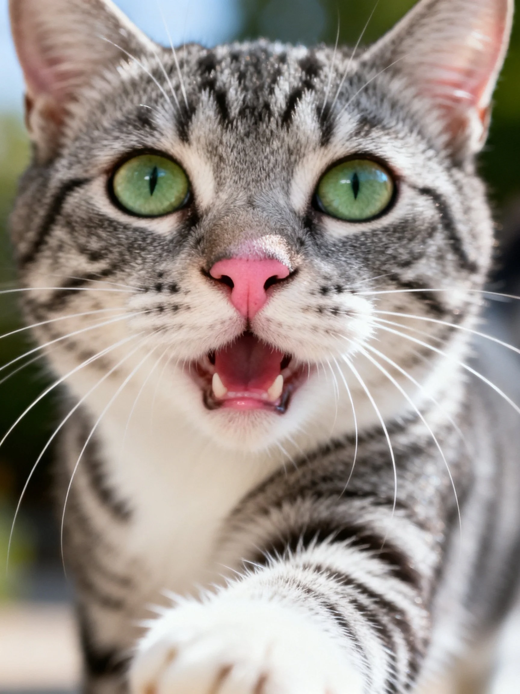 Close-up of a gray tabby cat displaying an expressive facial expression.