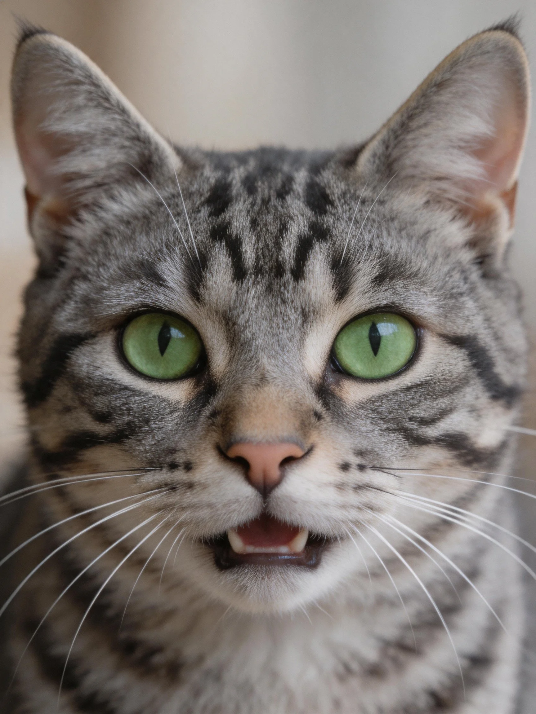 A gray tabby cat with bright green eyes and striped fur looks directly at the viewer.