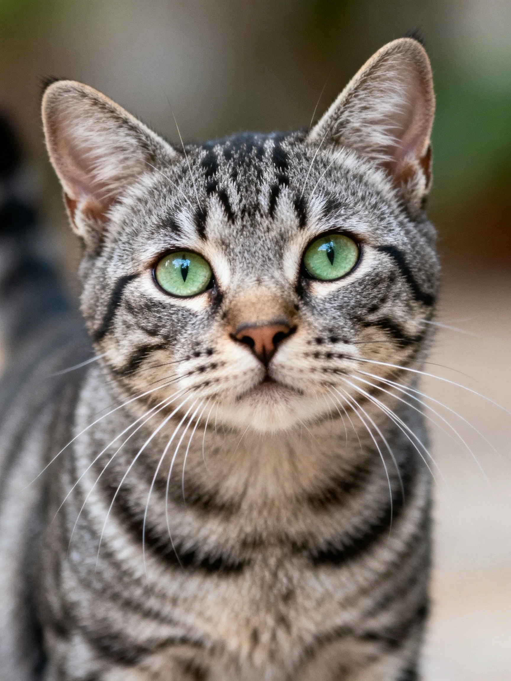 A gray tabby cat with bright green eyes looks directly at the viewer