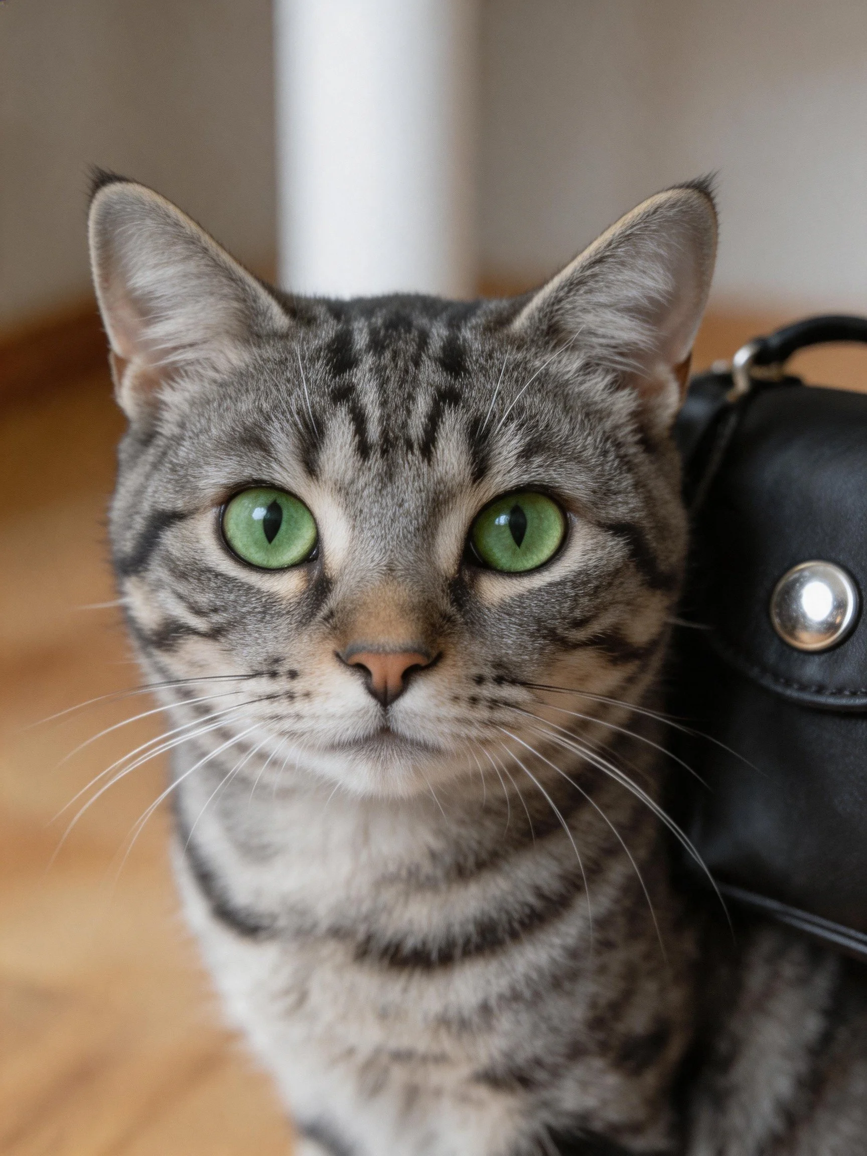 A gray tabby cat with green eyes is positioned next to a black leather bag indoors.