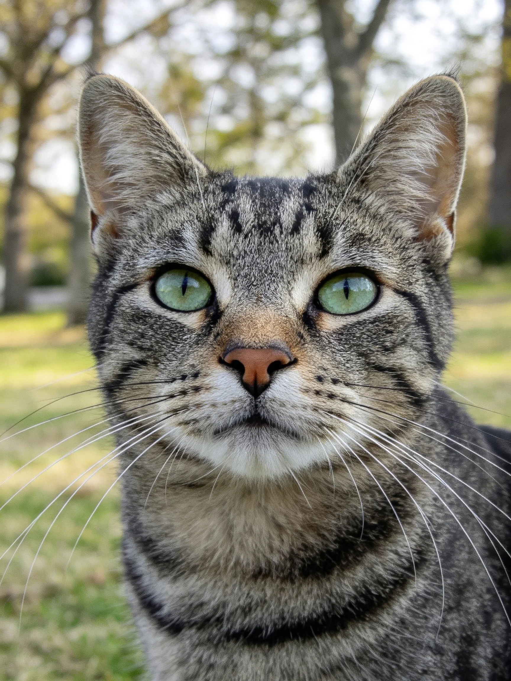 A gray tabby cat with bright green eyes looks directly at the camera in a sunlit outdoor area.