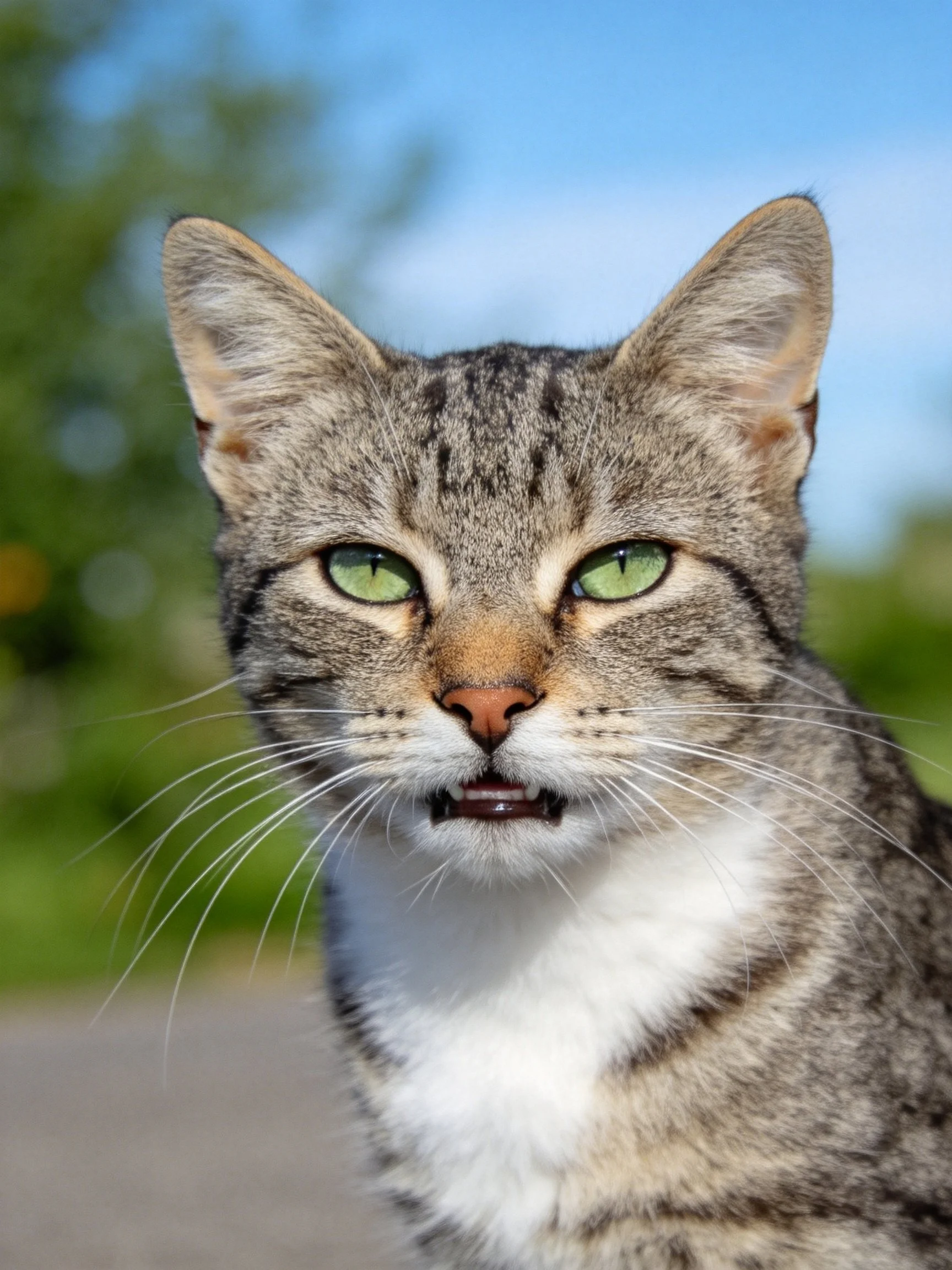 A gray tabby cat with green eyes is photographed outdoors.