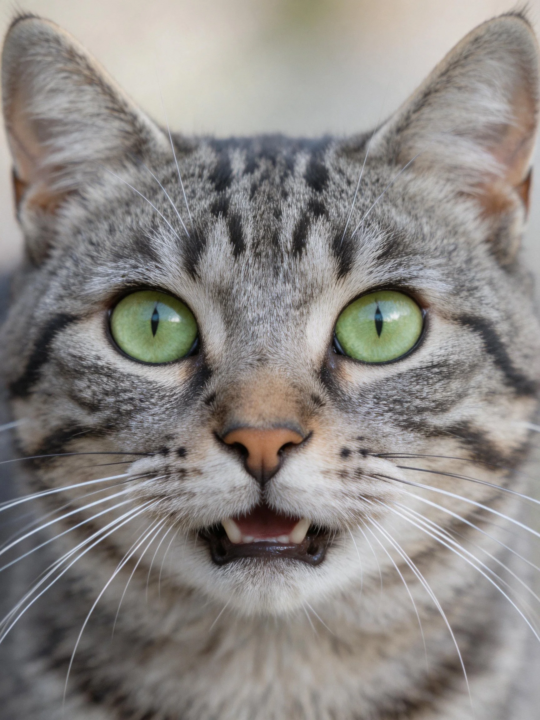 Gray tabby cat with bright green eyes in close-up view