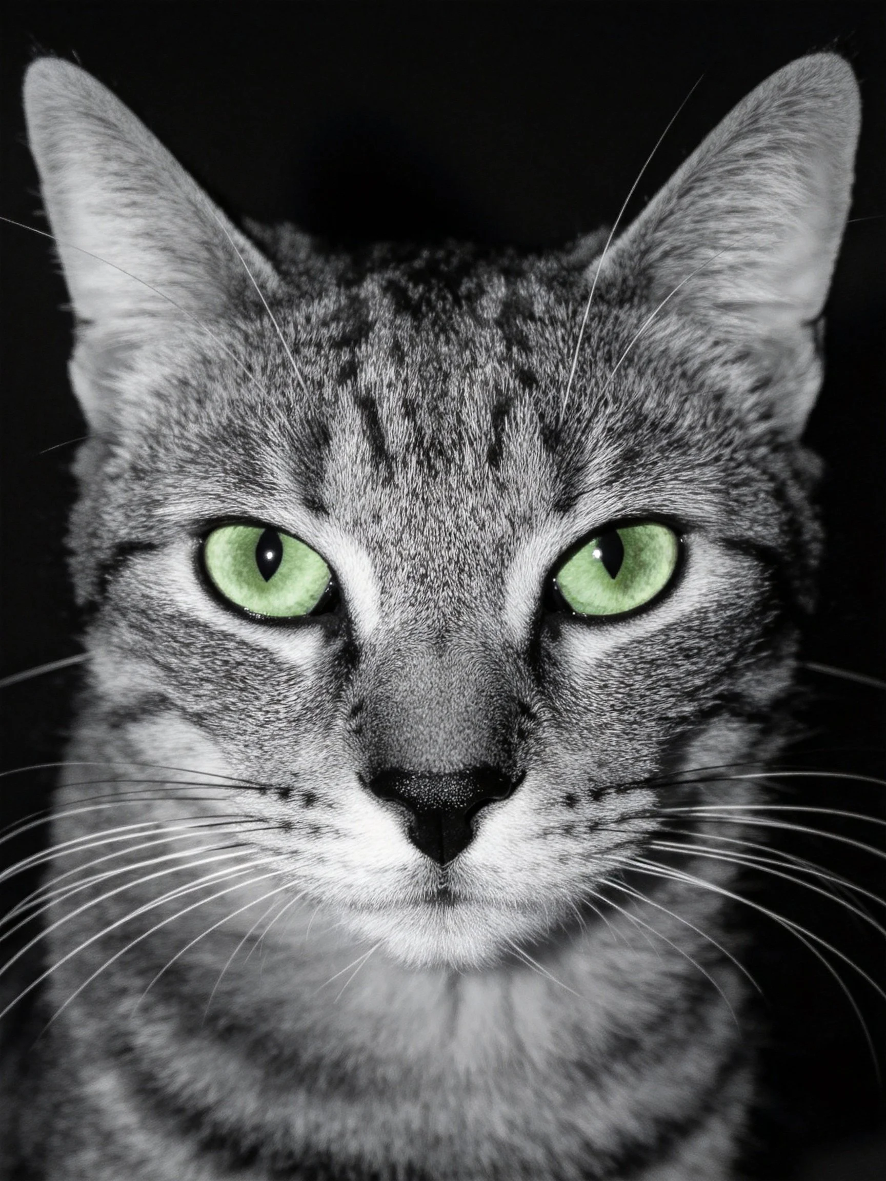Gray tabby cat with bright green eyes depicted in a monochrome photograph.