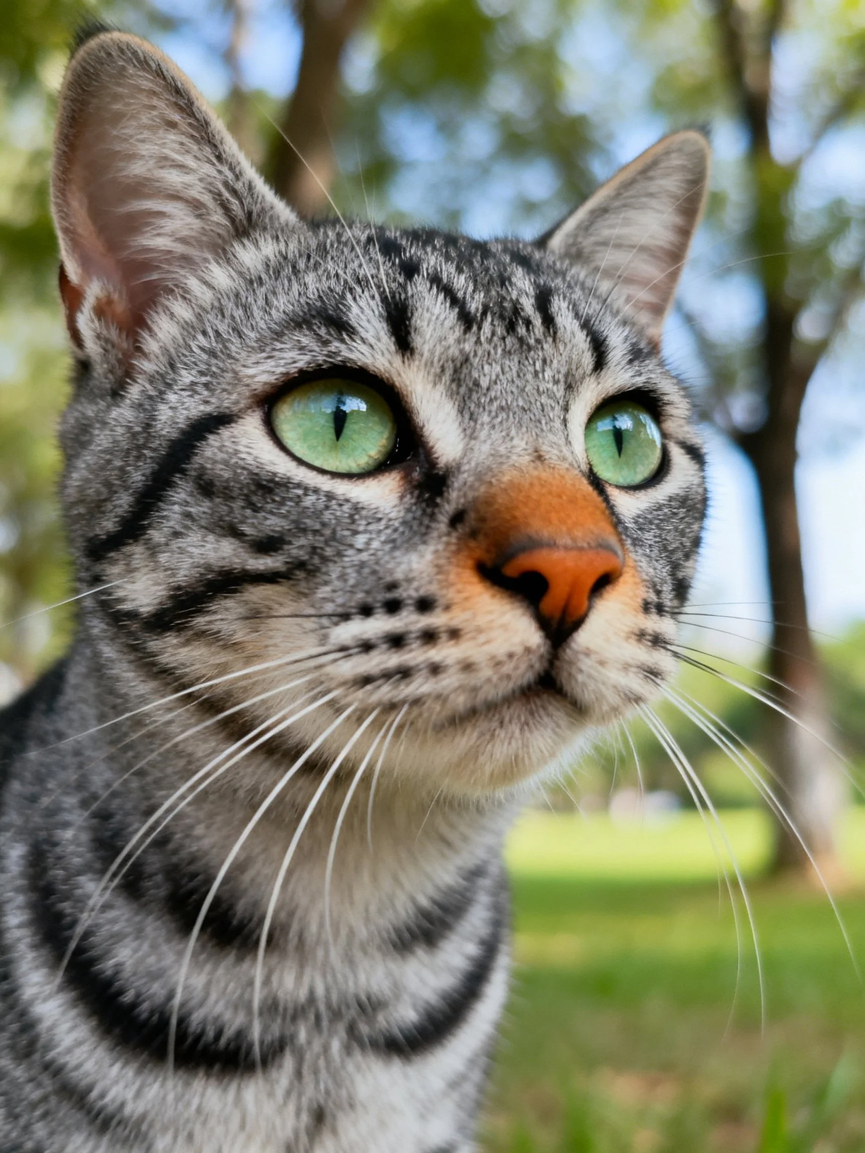 A gray tabby cat with green eyes is photographed outdoors near trees.