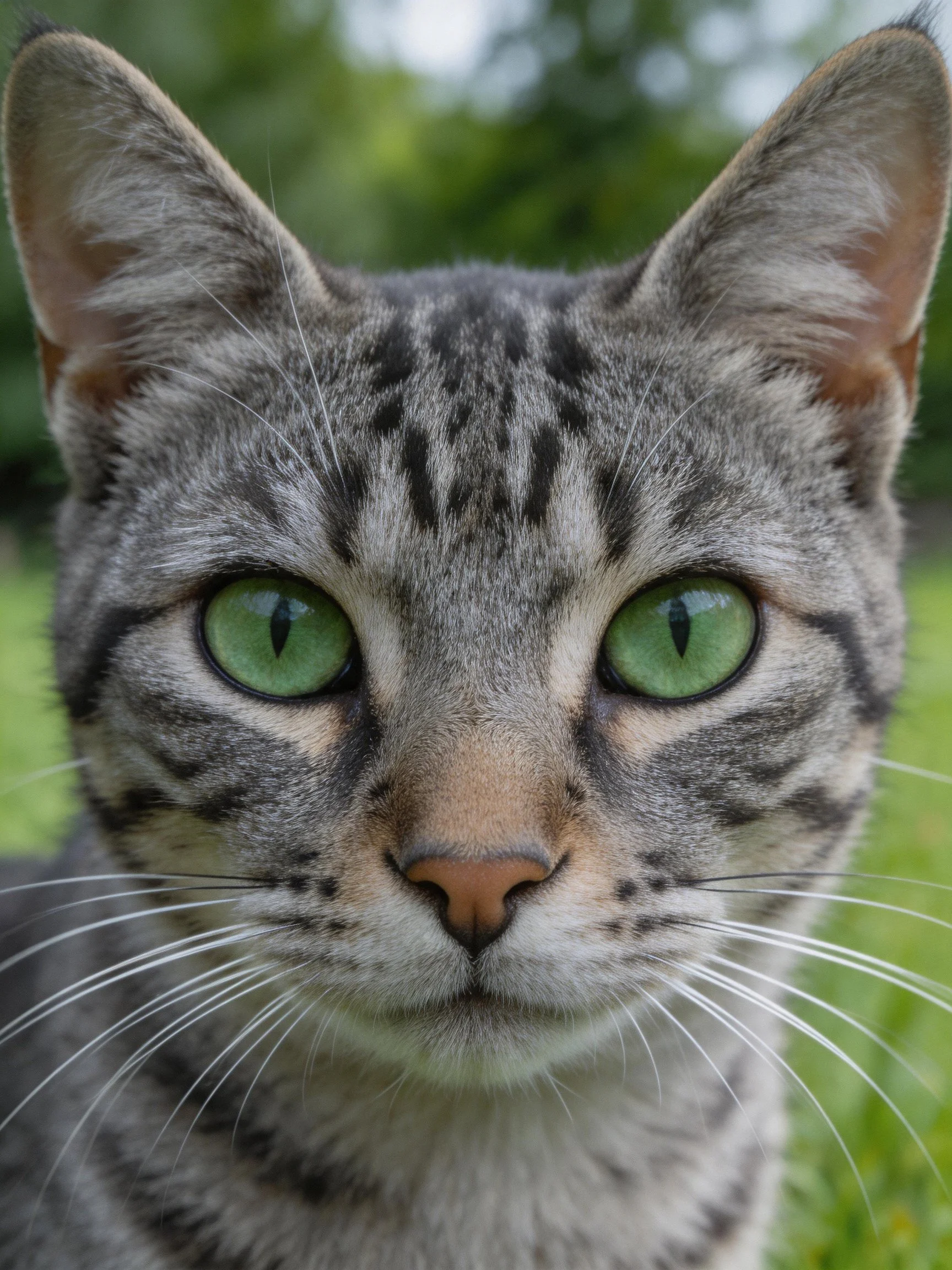 A gray tabby cat with bright green eyes looks directly at the camera.