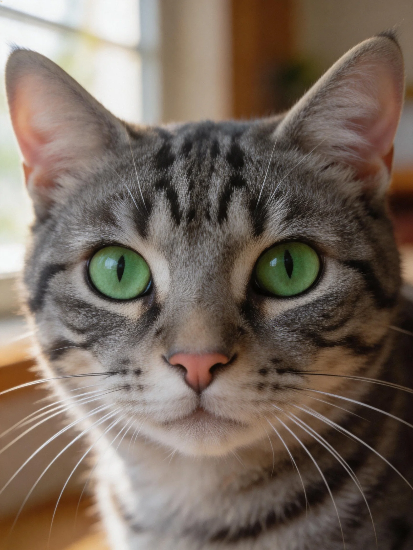 Gray tabby cat with bright green eyes in sunlit room