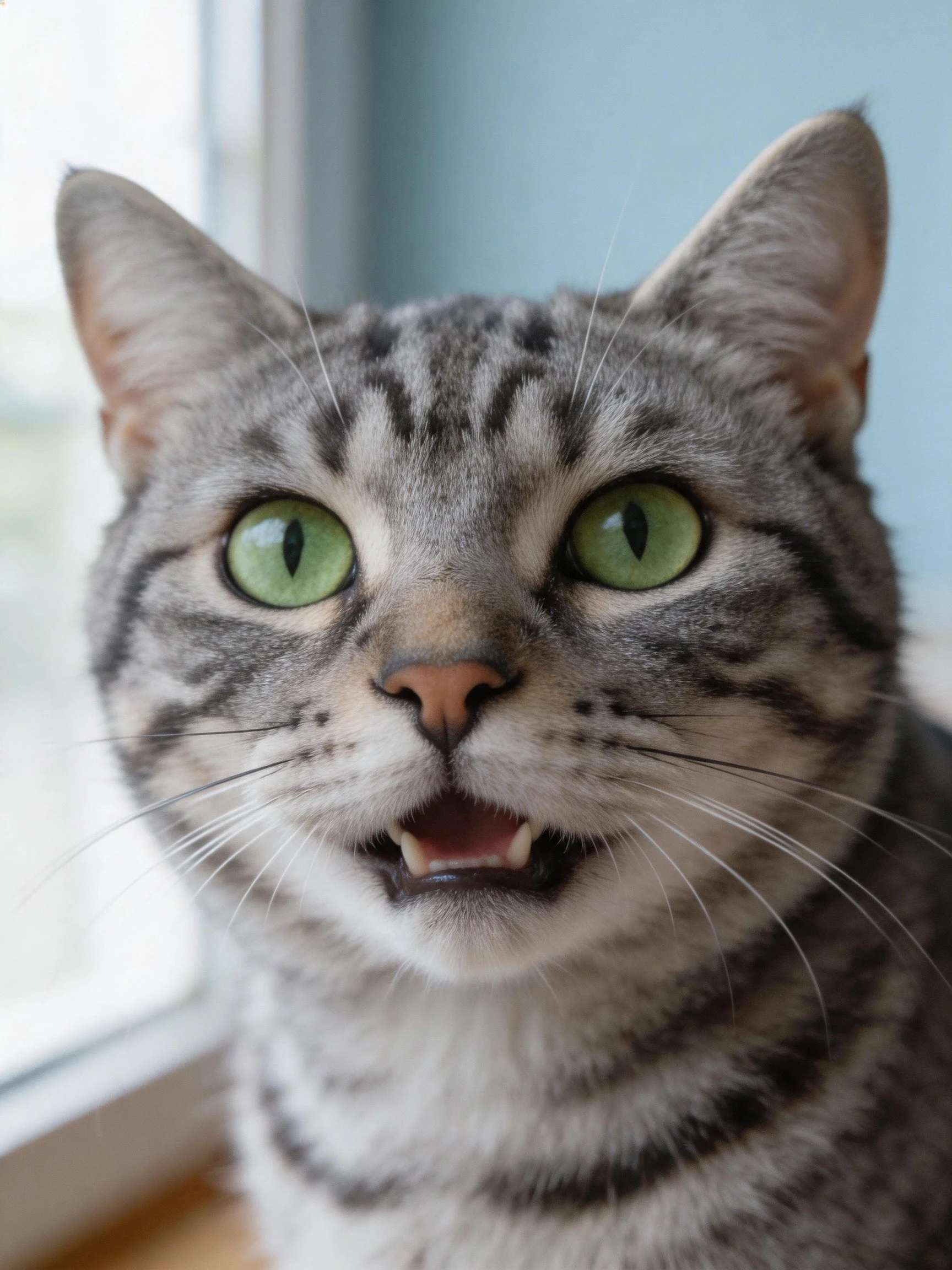 A gray tabby cat with green eyes is near a window.