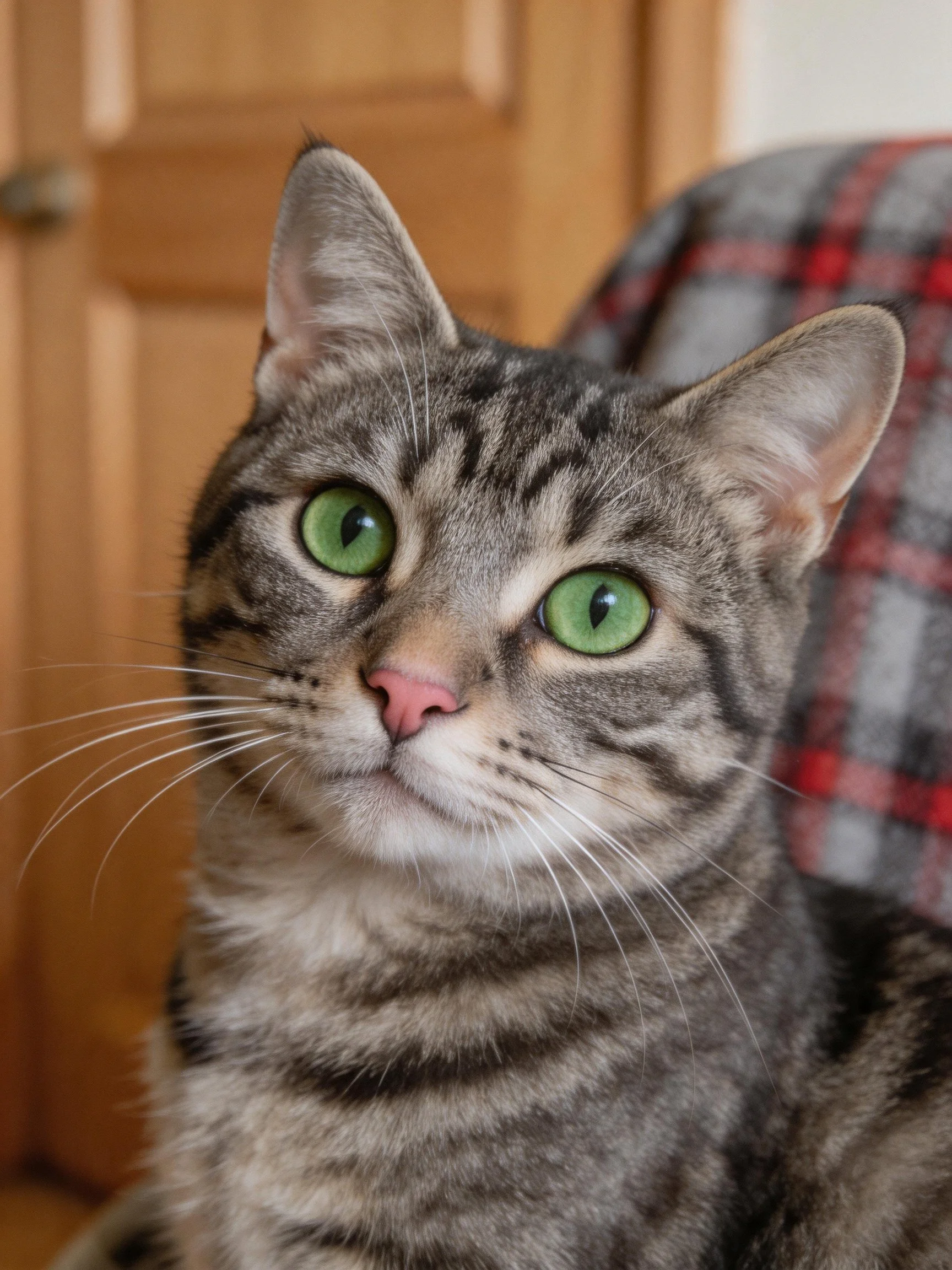 A gray tabby cat with green eyes is positioned near a wooden door and plaid fabric.