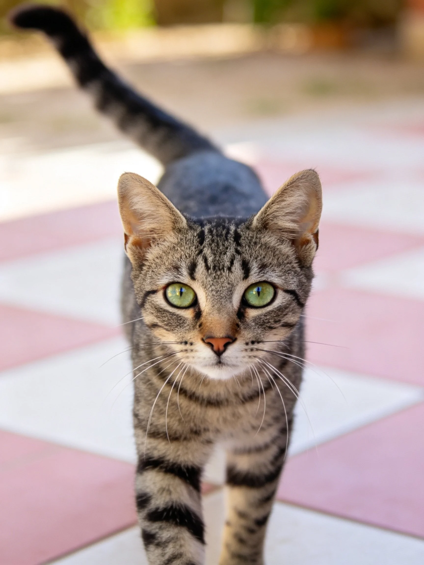 Gray tabby cat with bright green eyes walks on pink and white tiled flooring.