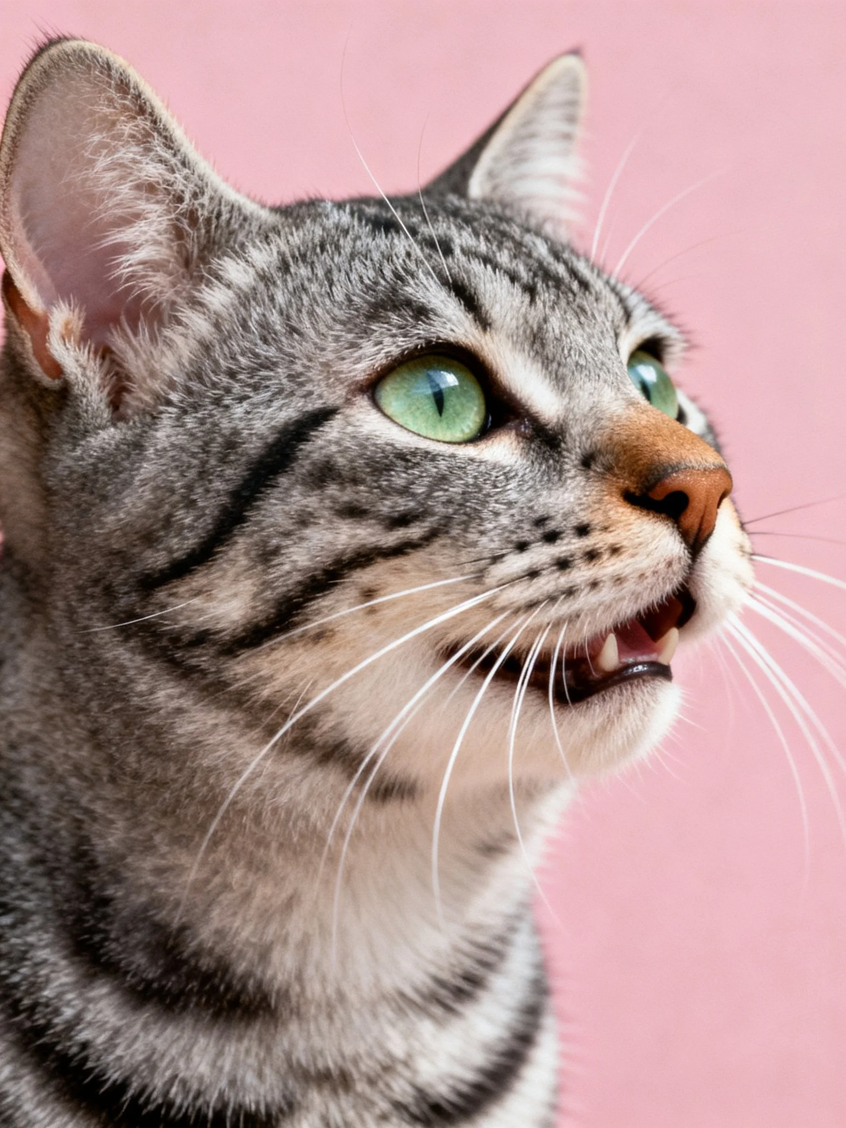 A gray tabby cat looks upward with vivid green eyes amid a solid pink backdrop.