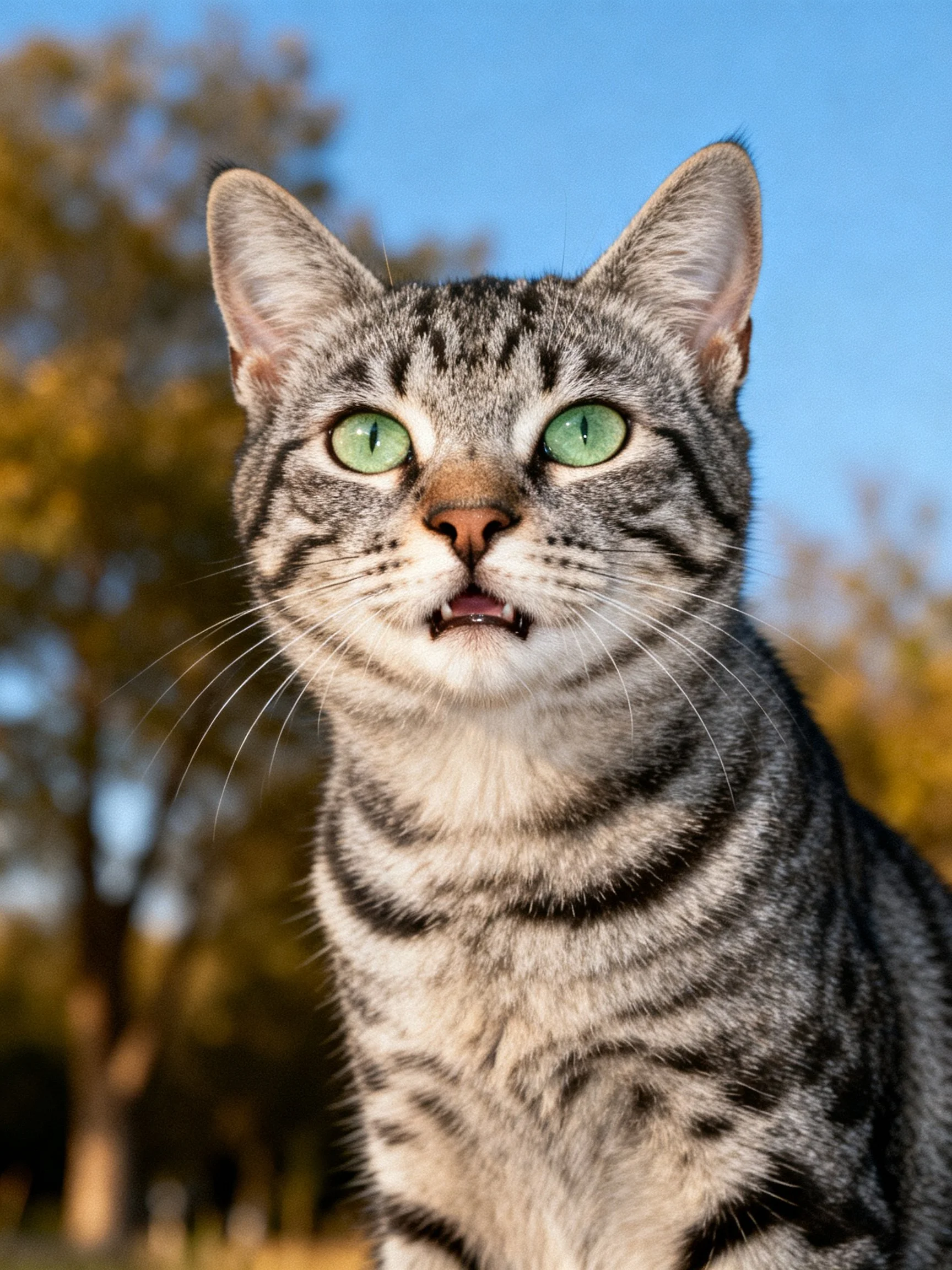 A gray tabby cat with green eyes is pictured outdoors.
