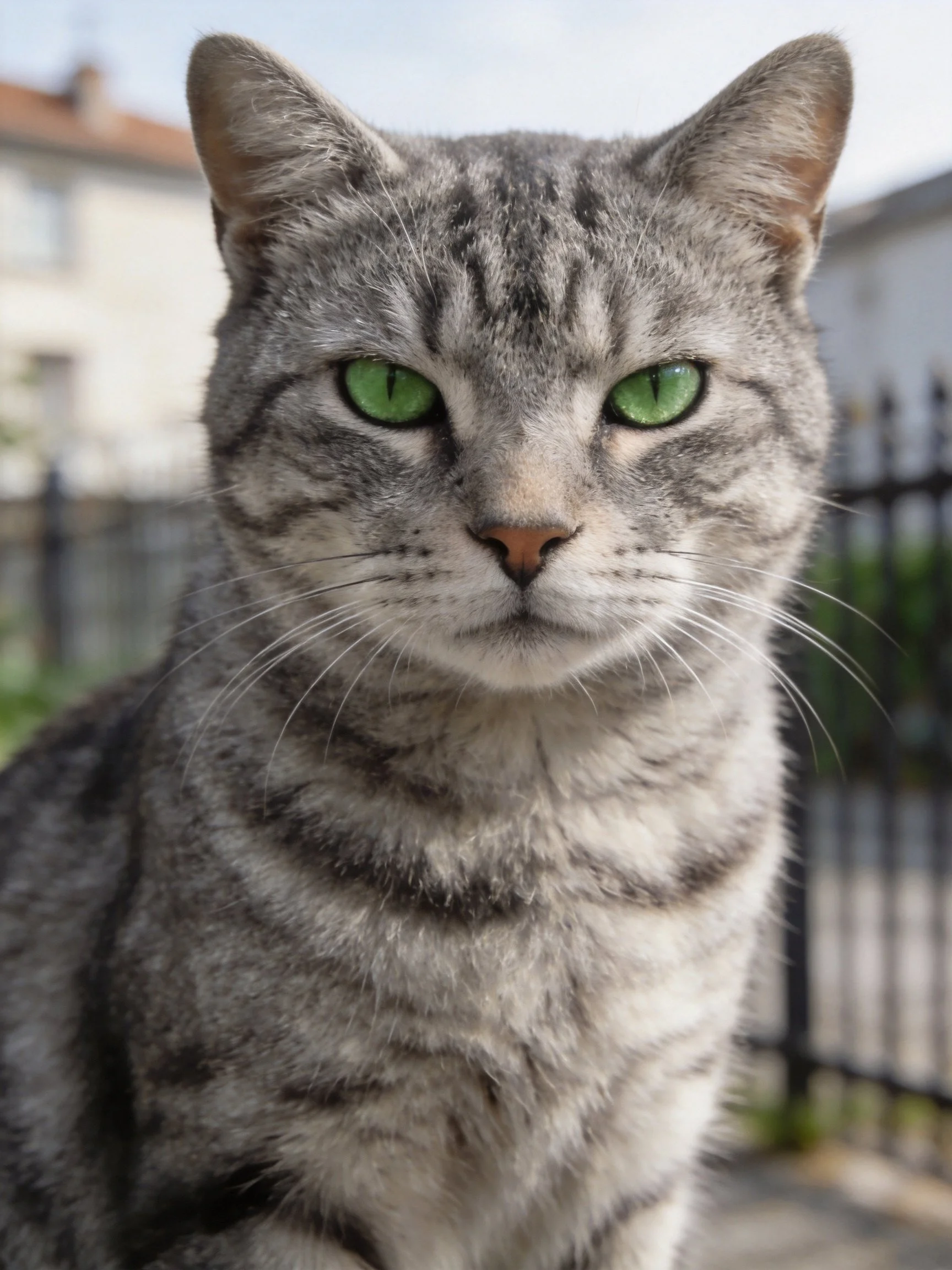 Gray tabby cat with bright green eyes outdoors near fence