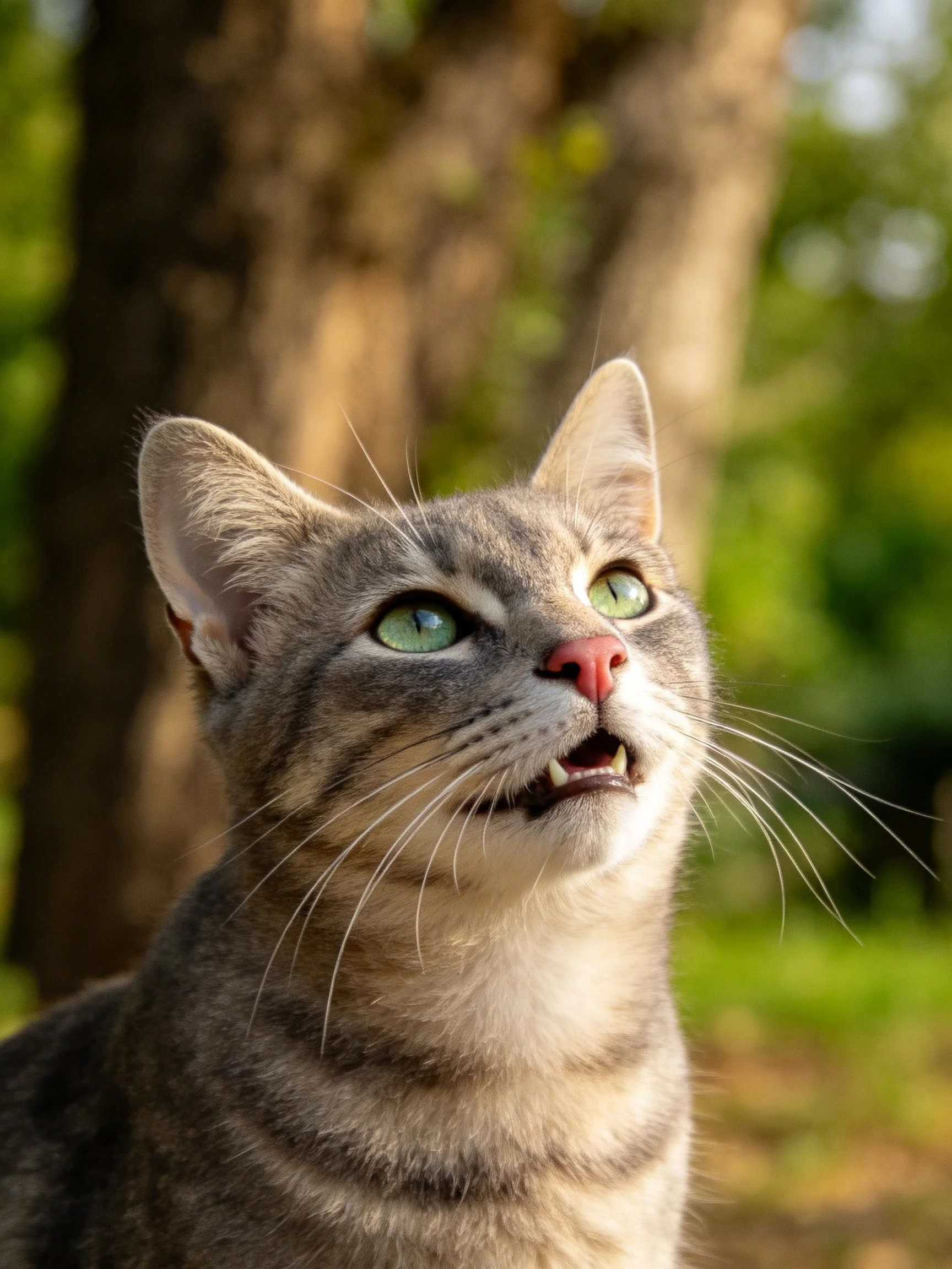 A gray tabby cat gazes upward amid blurred trees in a sunlit area.