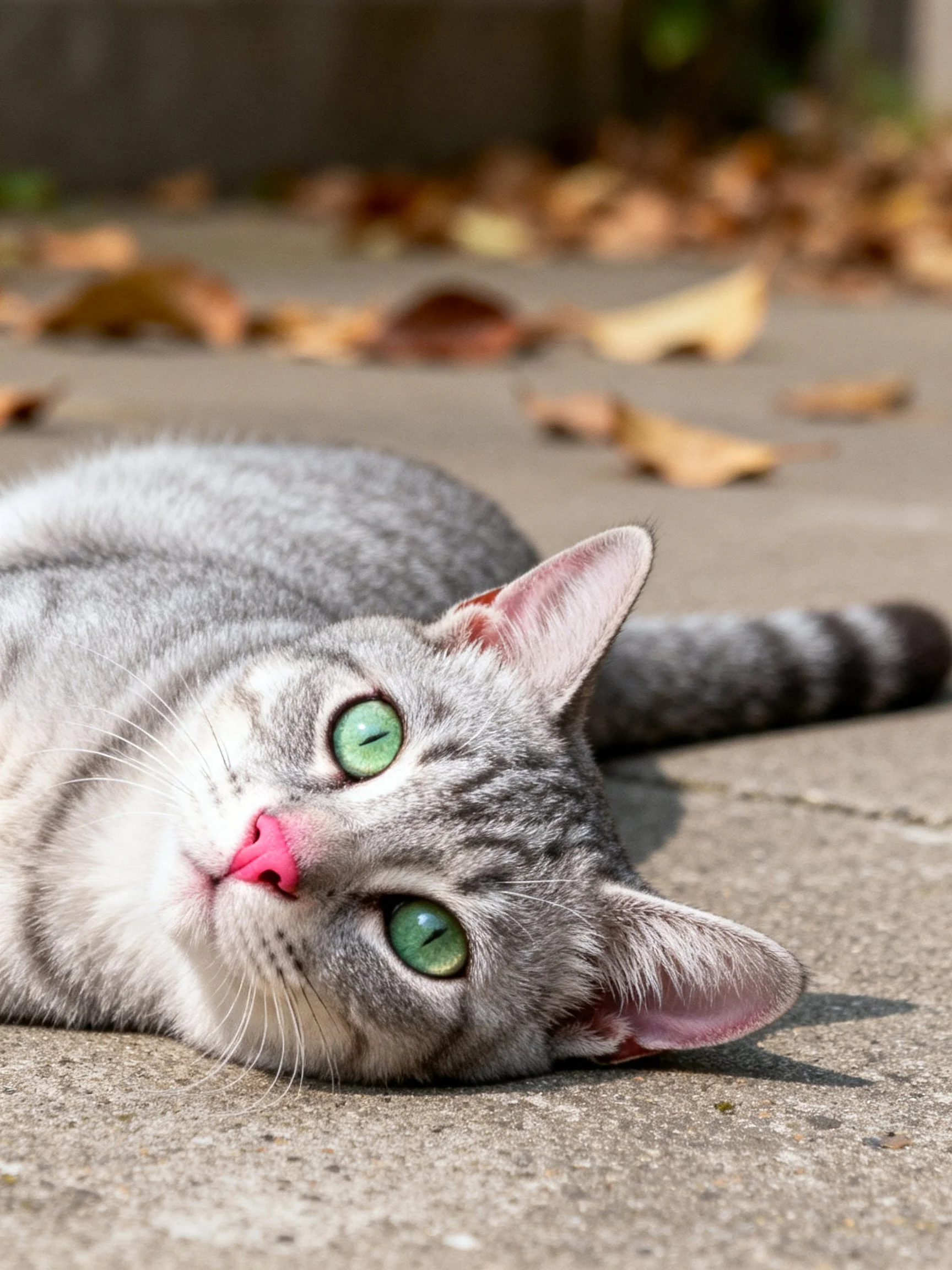 A gray tabby cat with green eyes relaxes on a concrete surface near scattered autumn leaves.