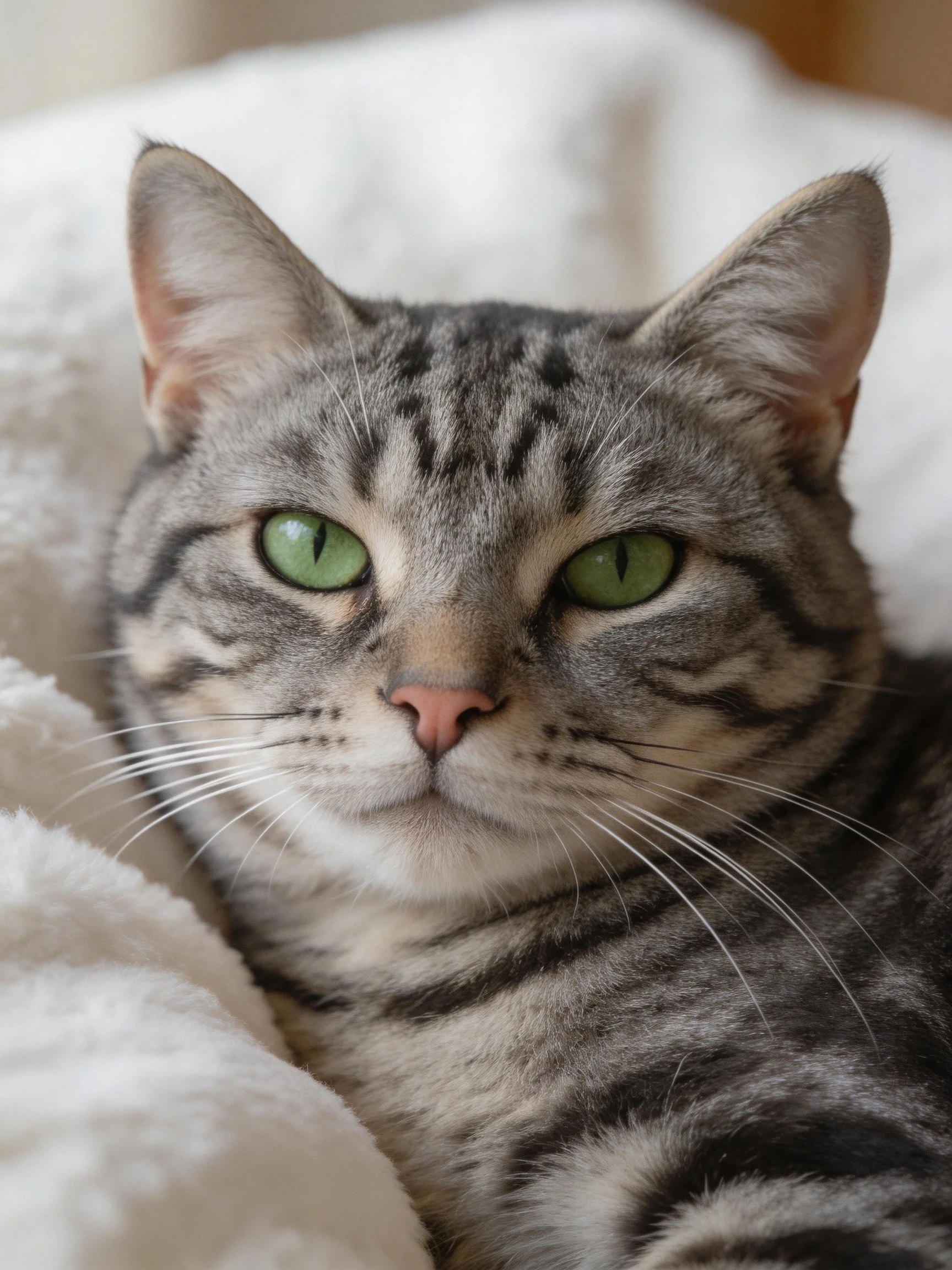 A gray tabby cat with green eyes rests on a soft white blanket.