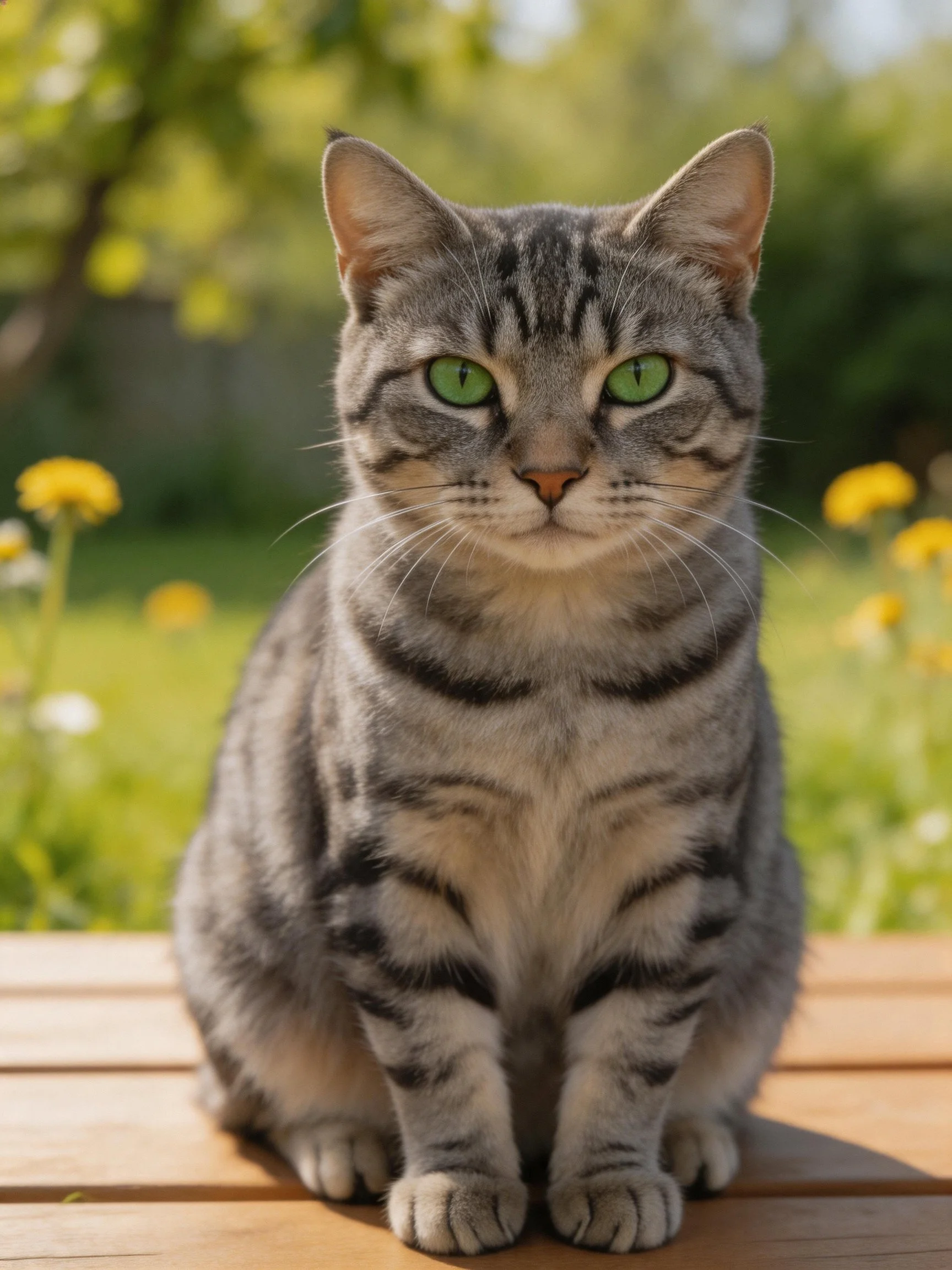 Gray tabby cat with green eyes sits on wooden planks in a sunny garden