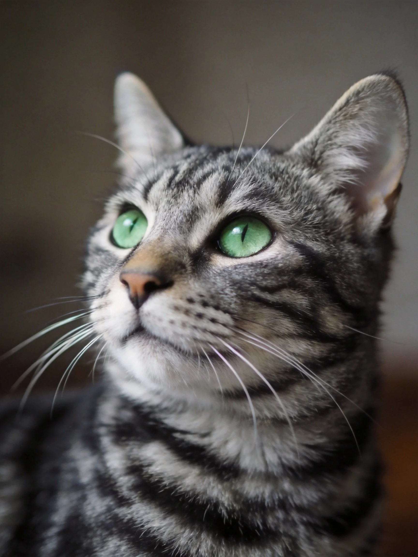 A gray tabby cat gazes upward with striking green eyes.