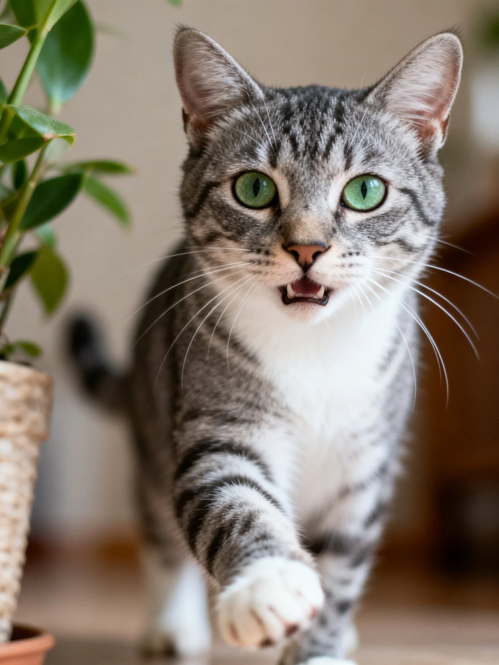 A gray tabby cat with green eyes moves toward the viewer near a potted plant.